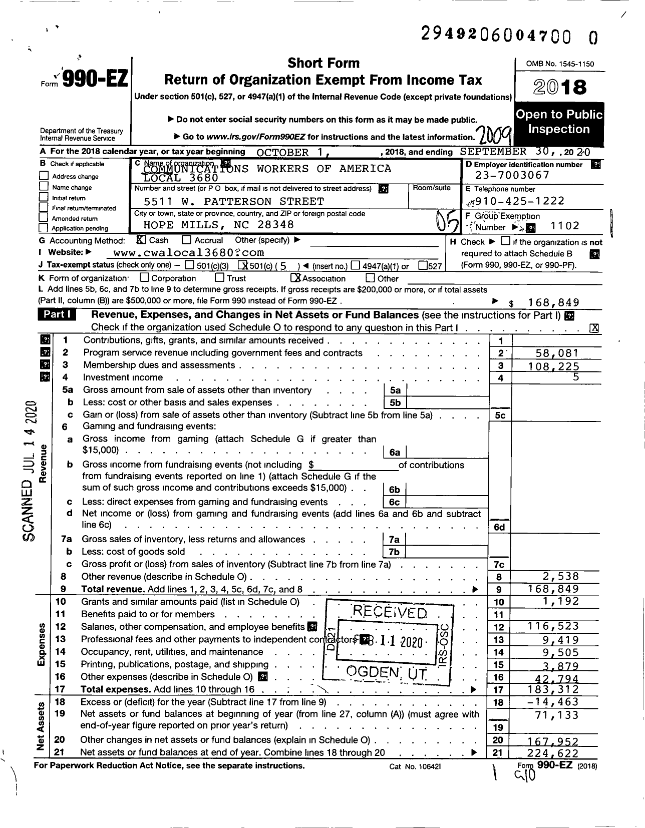 Image of first page of 2019 Form 990EO for Communications Workers of America - 3680 Cwa