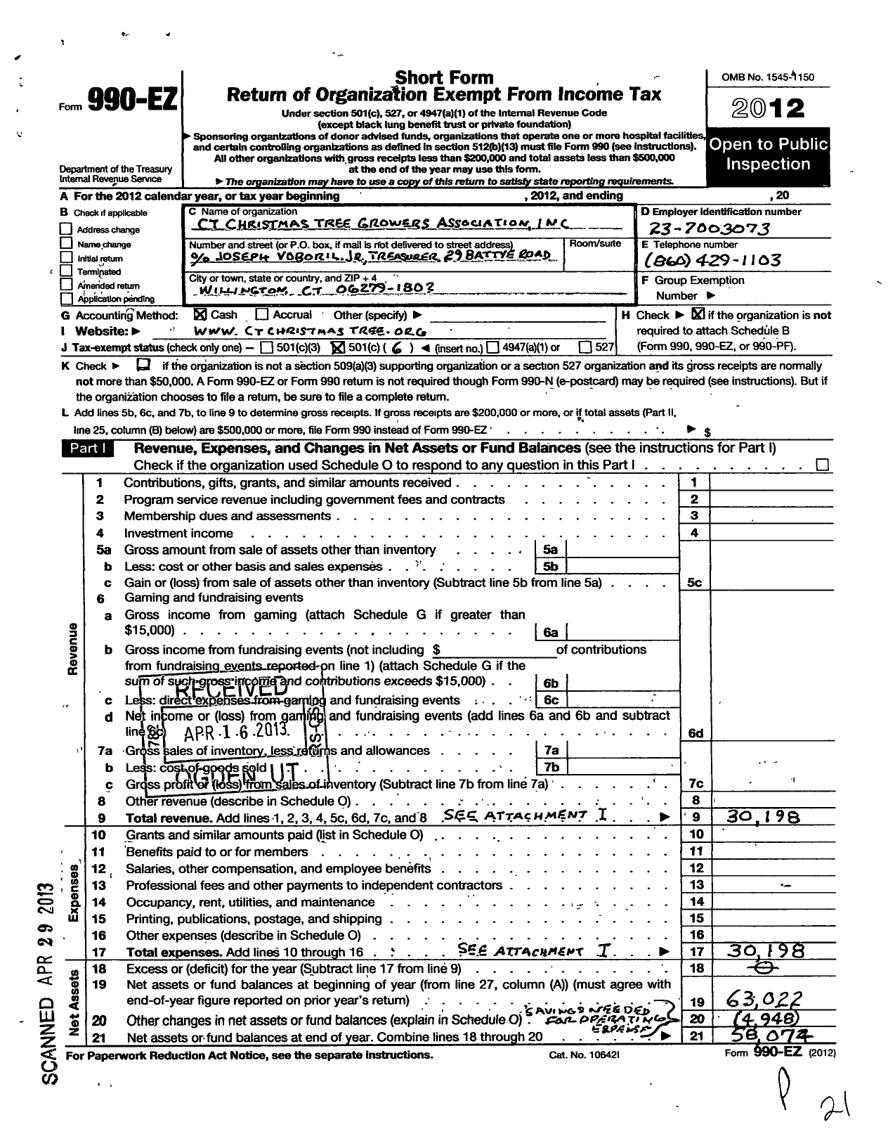 Image of first page of 2012 Form 990EO for Connecticut Christmas Tree Growers Association Incorporated