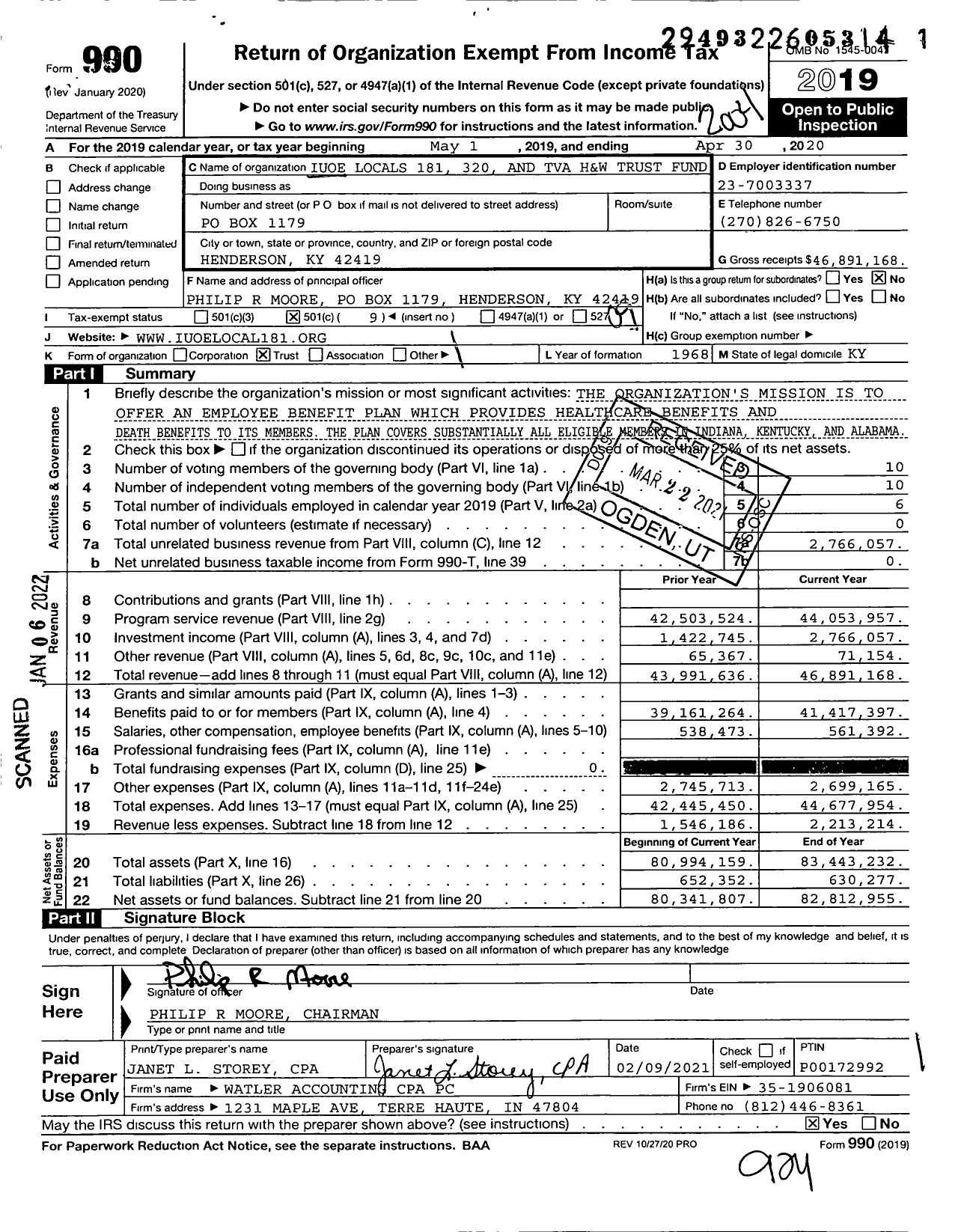 Image of first page of 2019 Form 990O for Iuoe Locals 181 320 and Tva H&W Trust Fund