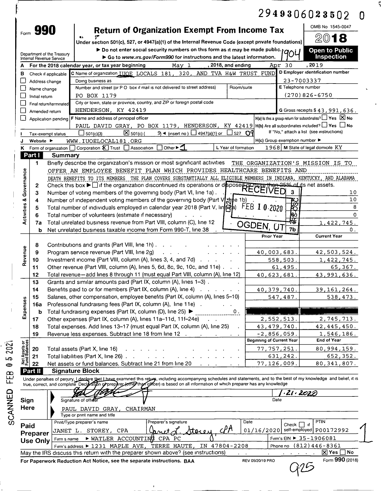 Image of first page of 2018 Form 990O for Iuoe Locals 181 320 and Tva H&W Trust Fund