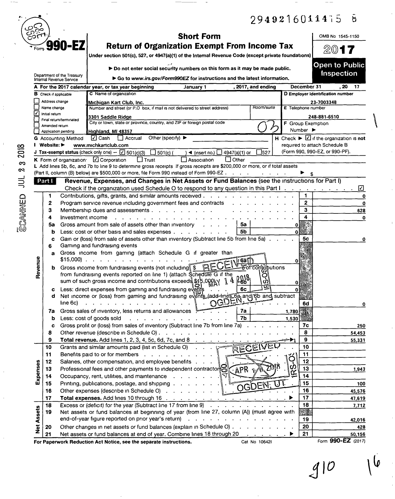 Image of first page of 2017 Form 990EZ for Michigan Kart Club