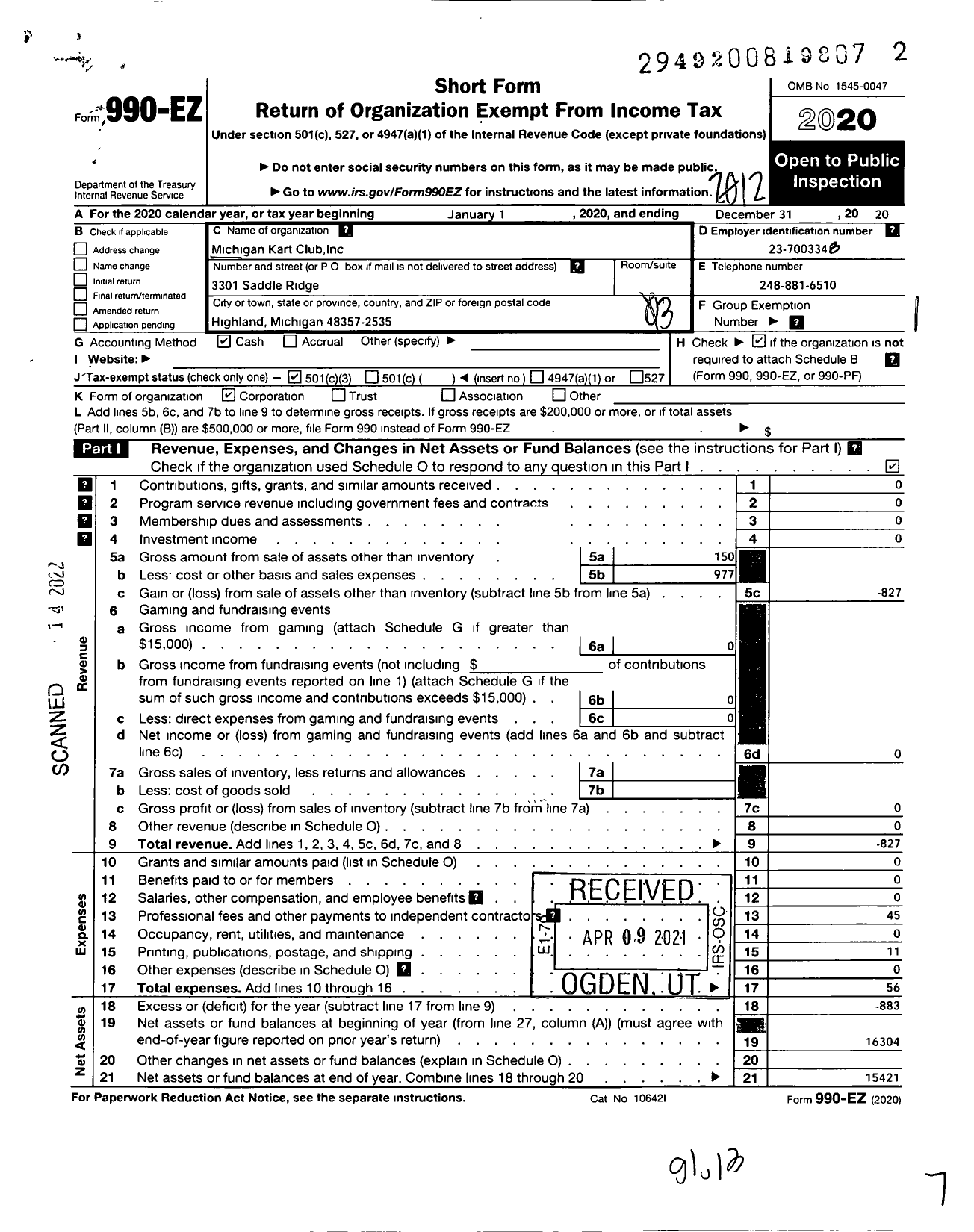 Image of first page of 2020 Form 990EZ for Michigan Kart Club