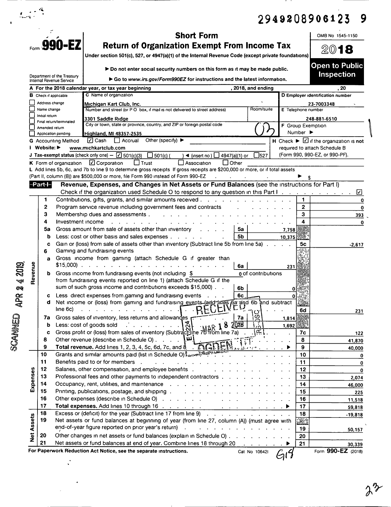 Image of first page of 2018 Form 990EZ for Michigan Kart Club