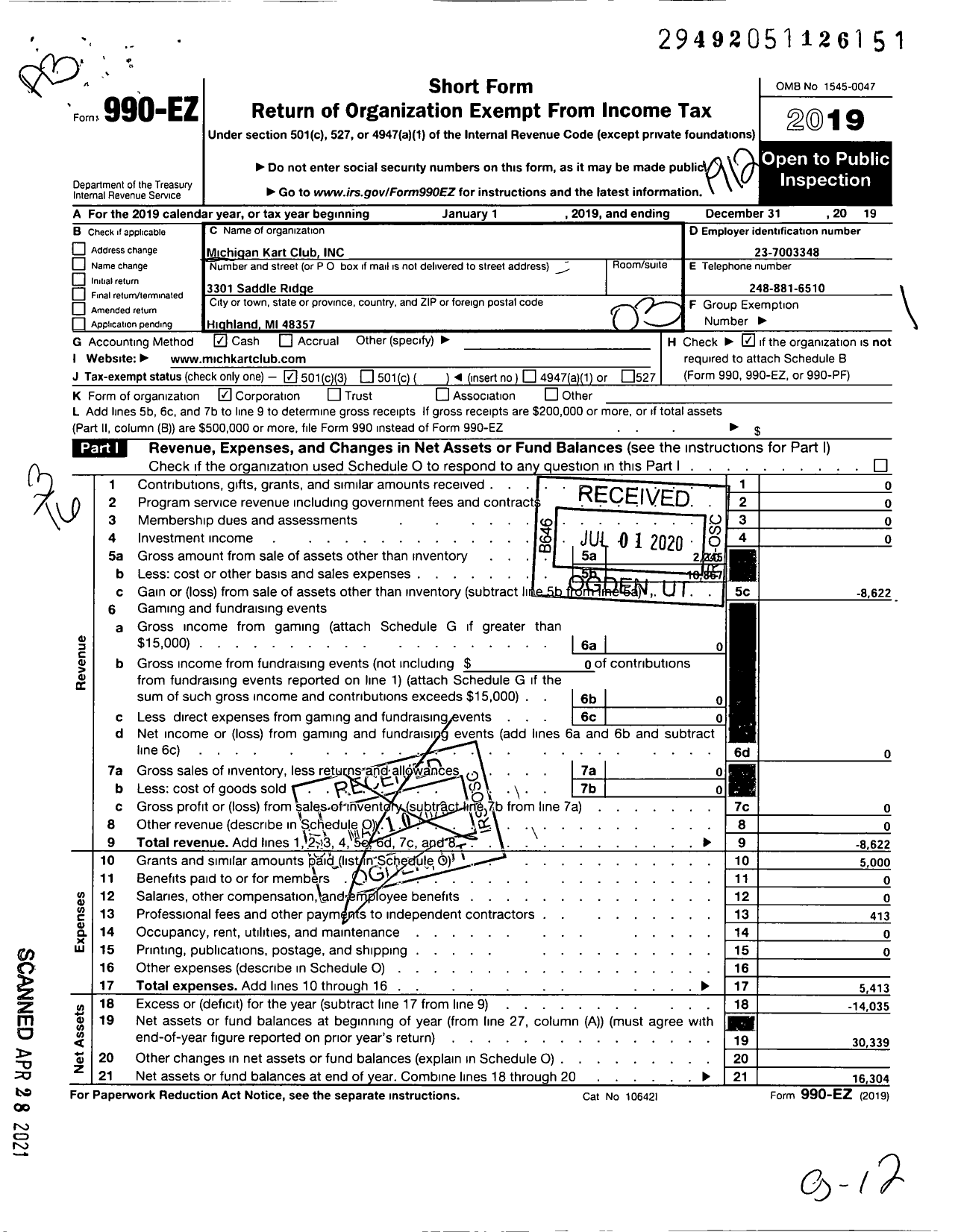 Image of first page of 2019 Form 990EZ for Michigan Kart Club