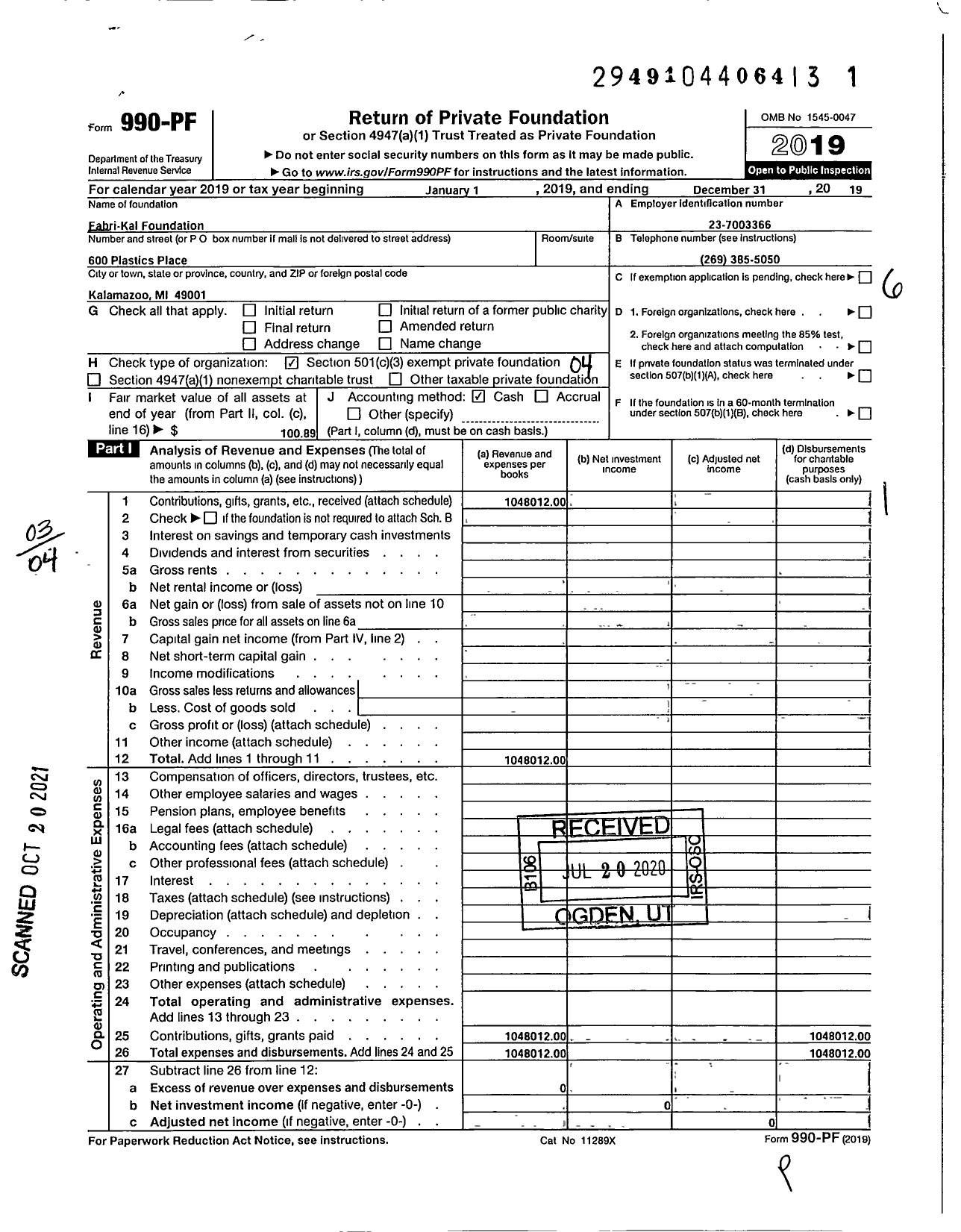 Image of first page of 2019 Form 990PF for The FK Legacy Foundation