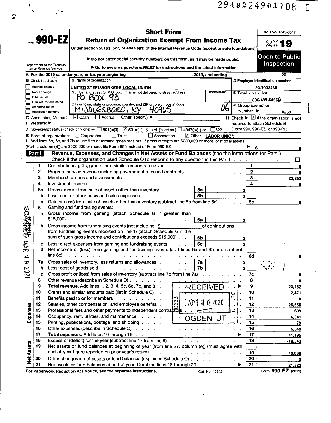 Image of first page of 2019 Form 990EO for United Steelworkers - 14628 Local District 8