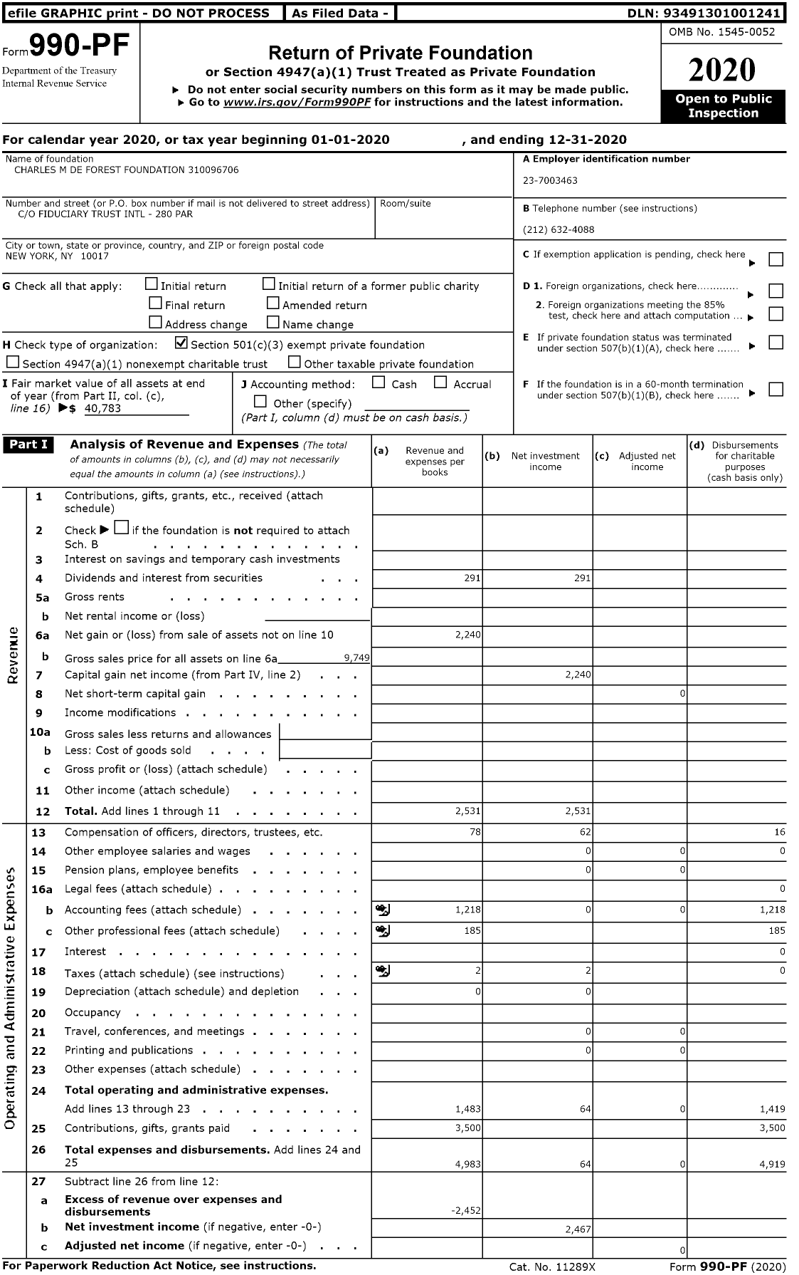 Image of first page of 2020 Form 990PF for Charles M de Forest Foundation