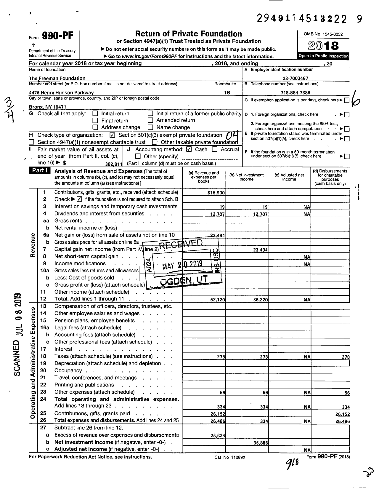 Image of first page of 2018 Form 990PF for Freeman Foundation