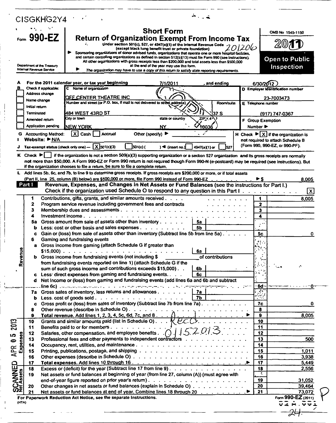 Image of first page of 2011 Form 990EZ for Off Center Theatre