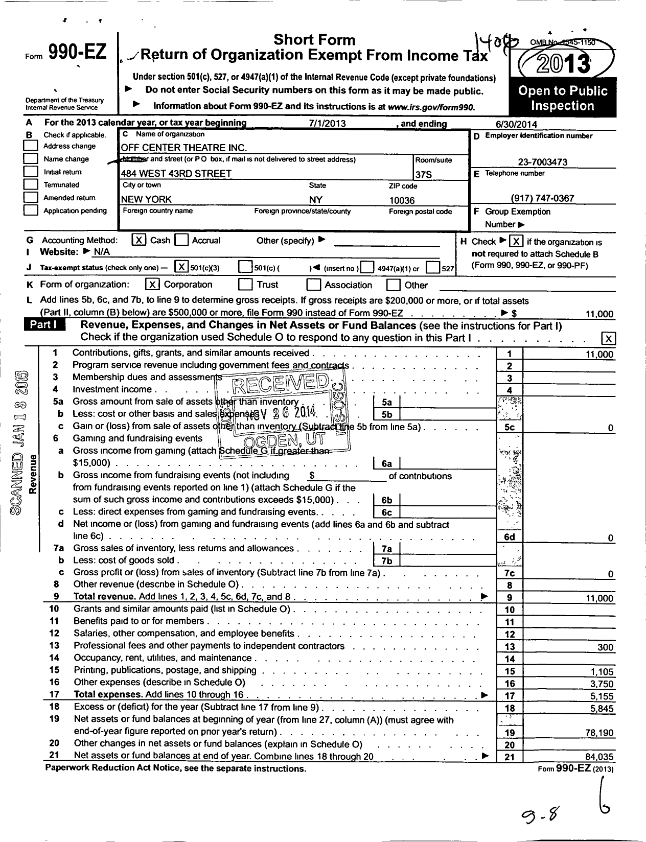 Image of first page of 2013 Form 990EZ for Off Center Theatre