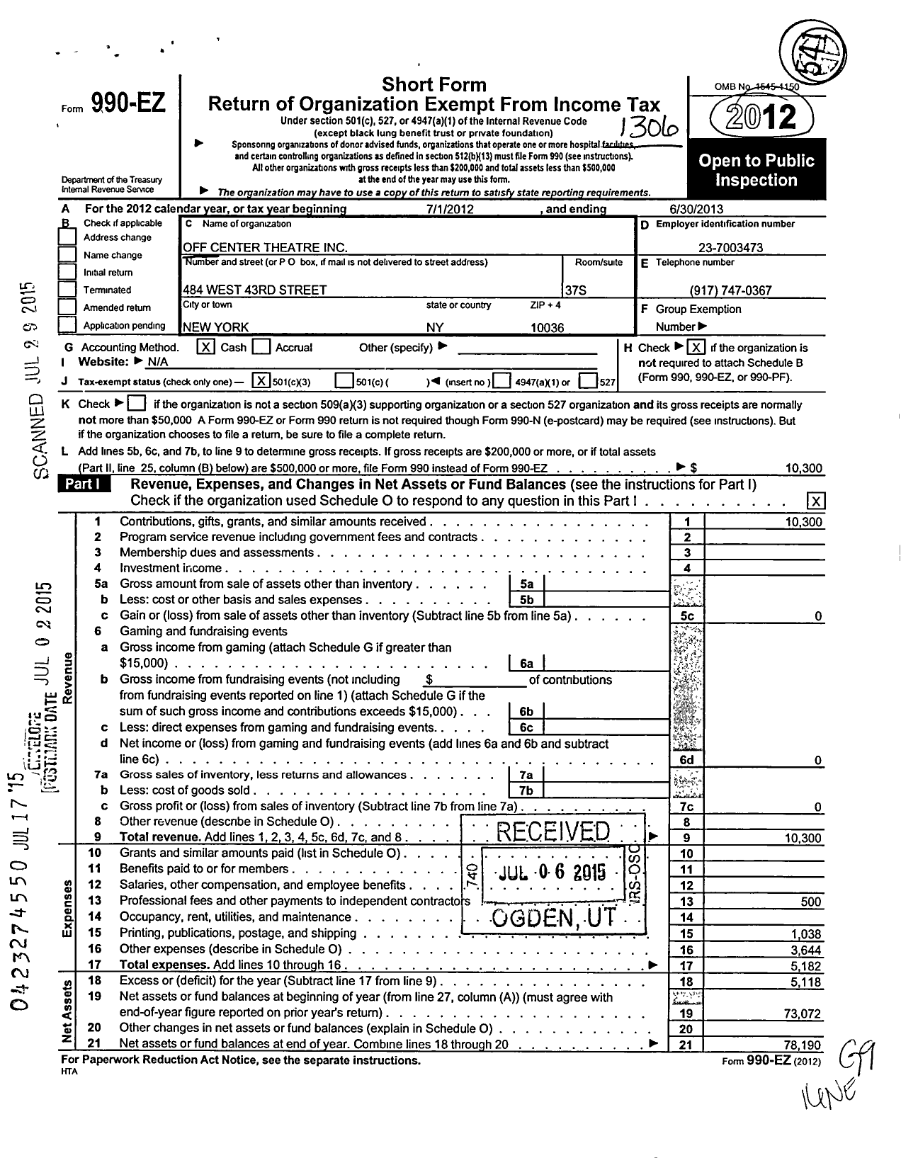 Image of first page of 2012 Form 990EZ for Off Center Theatre