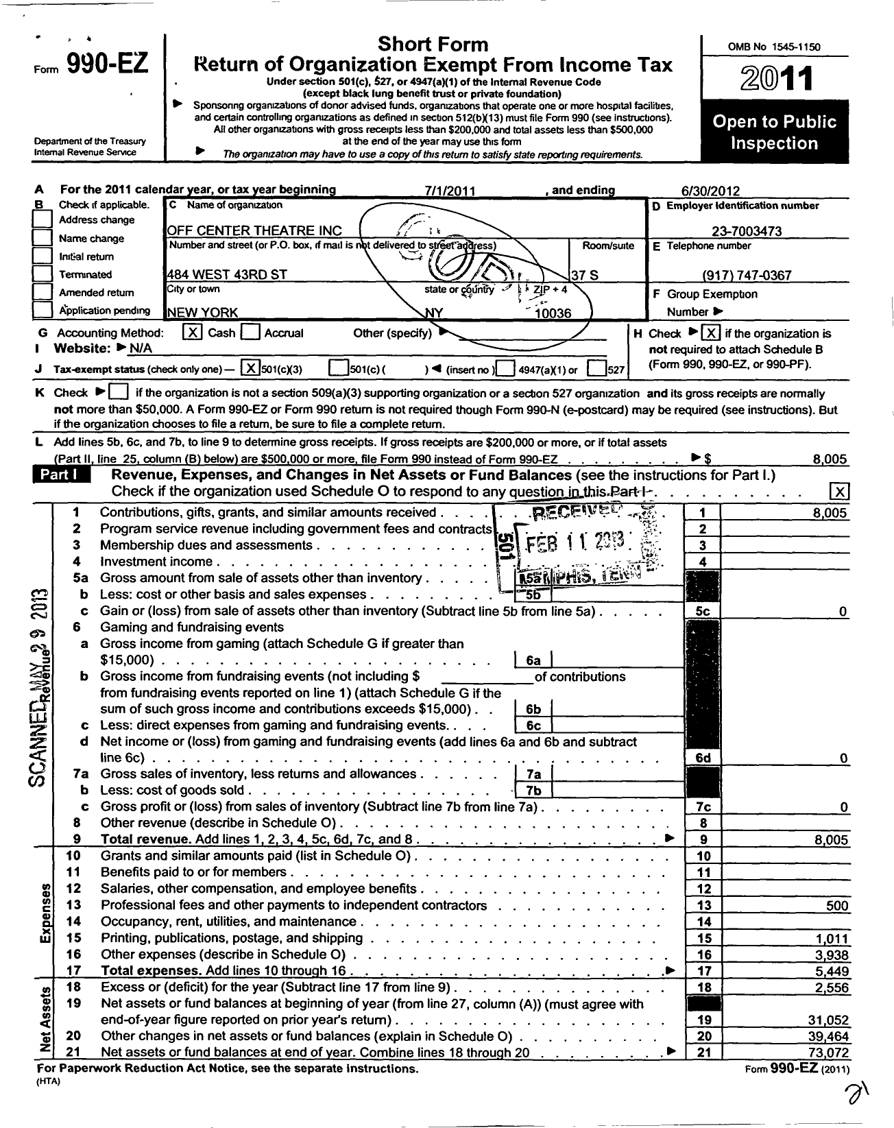 Image of first page of 2011 Form 990EZ for Off Center Theatre