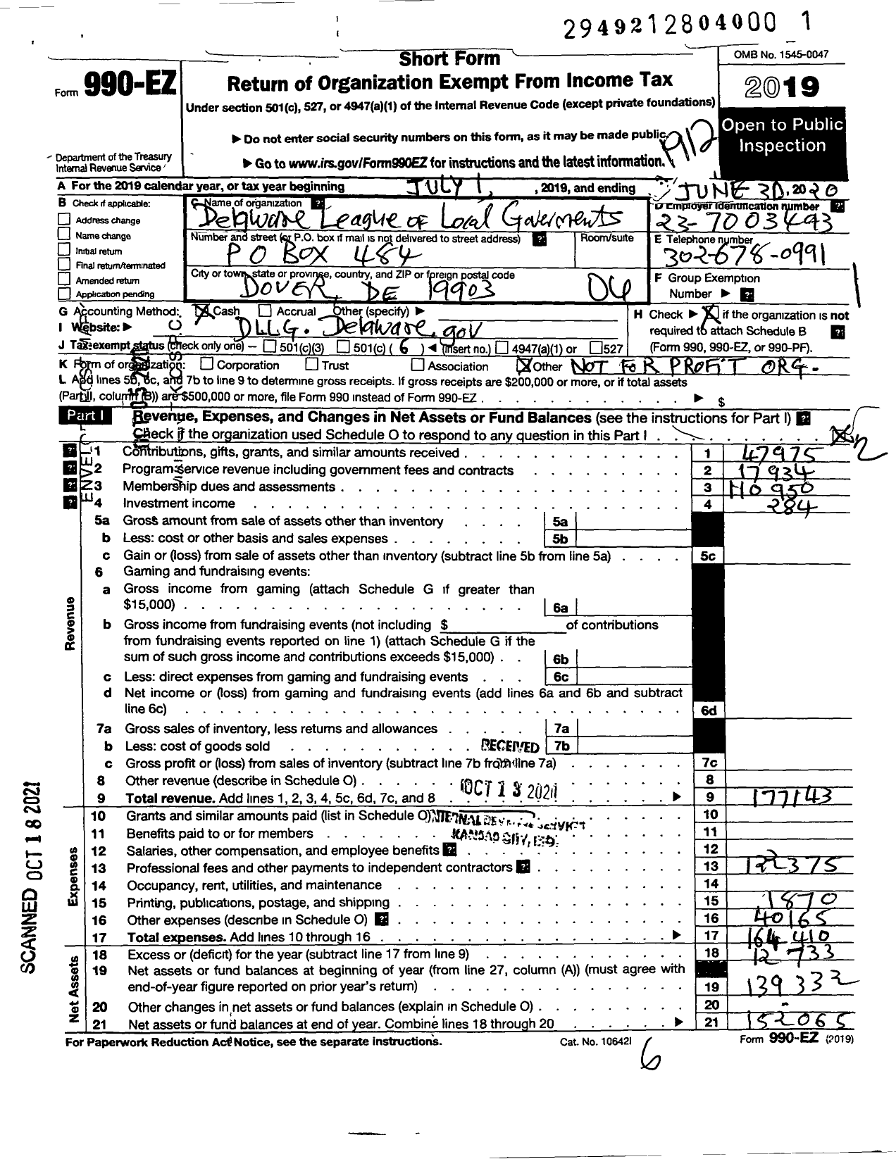 Image of first page of 2019 Form 990EO for Delaware League of Local Governments