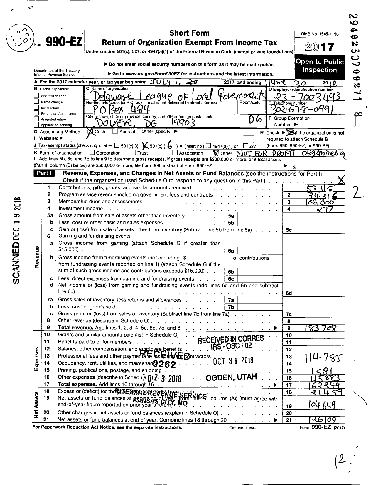 Image of first page of 2017 Form 990EO for Delaware League of Local Governments