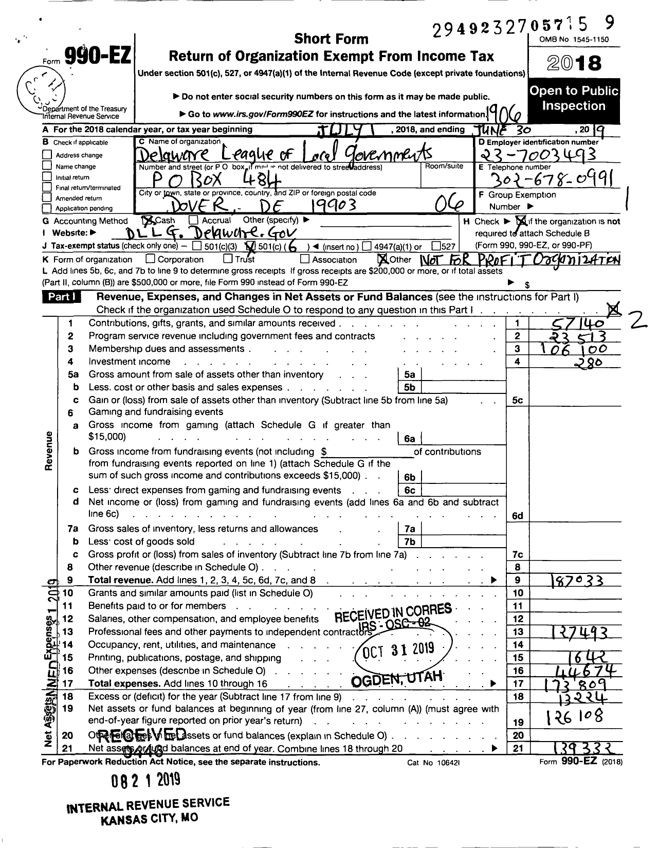 Image of first page of 2018 Form 990EO for Delaware League of Local Governments