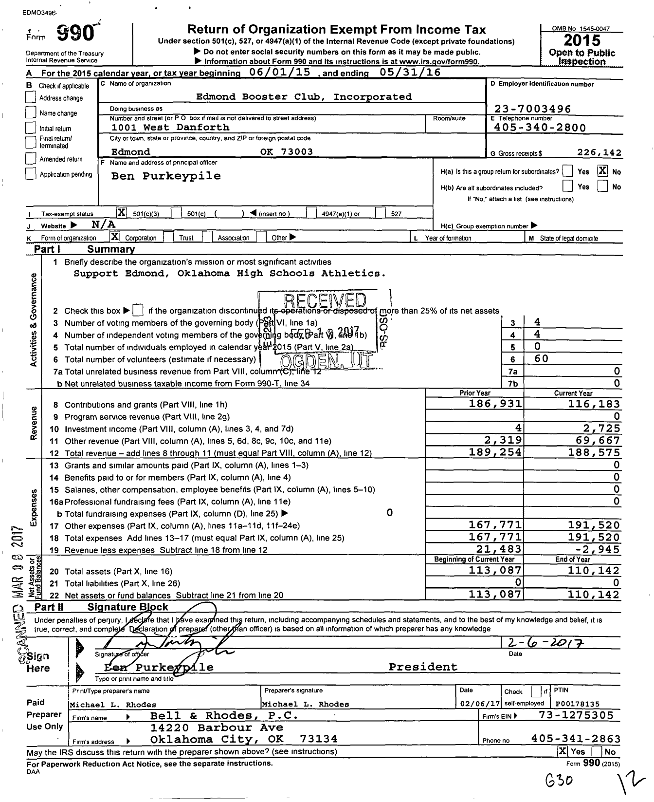 Image of first page of 2015 Form 990 for Edmond Booster Club Incorporated