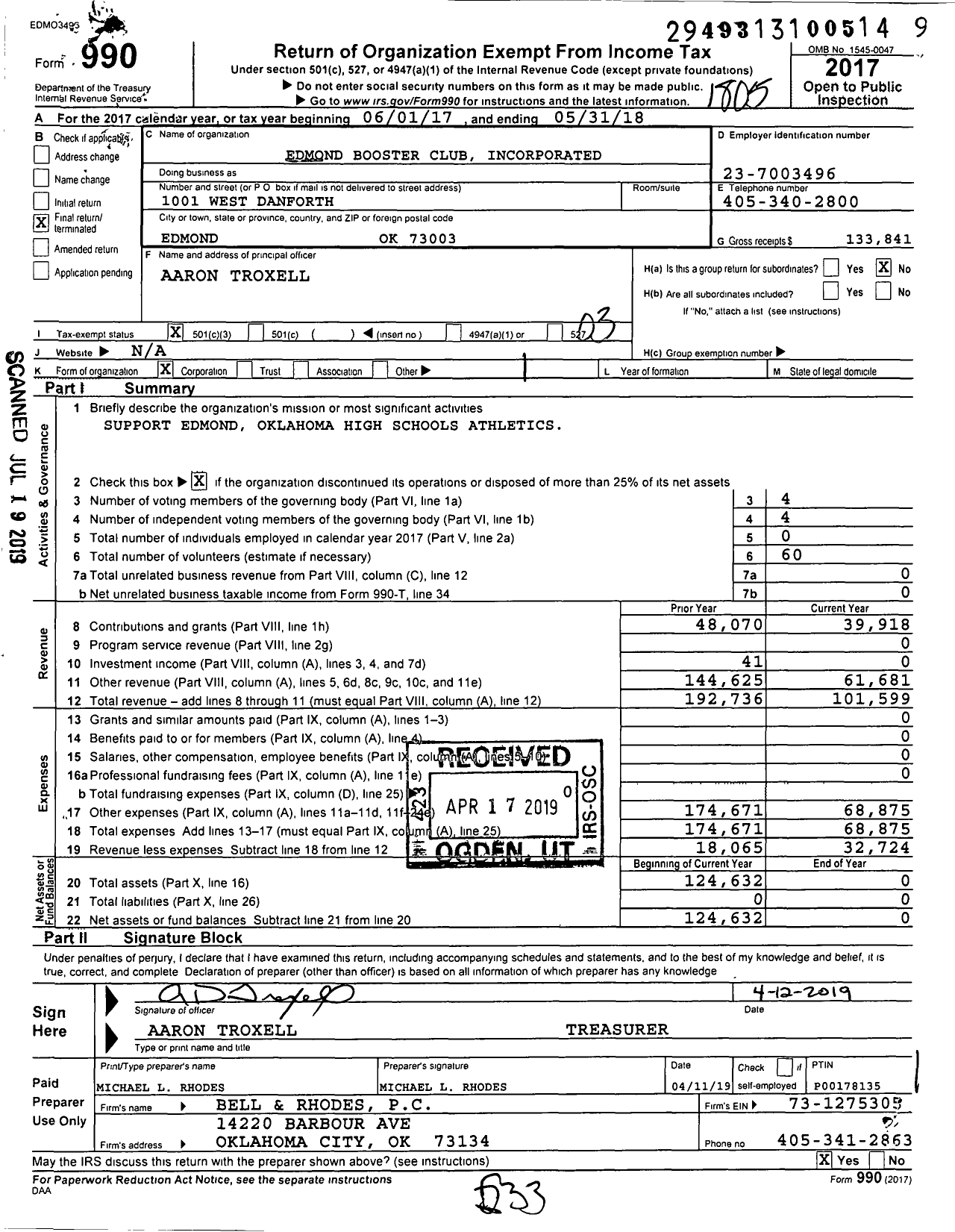 Image of first page of 2017 Form 990 for Edmond Booster Club Incorporated