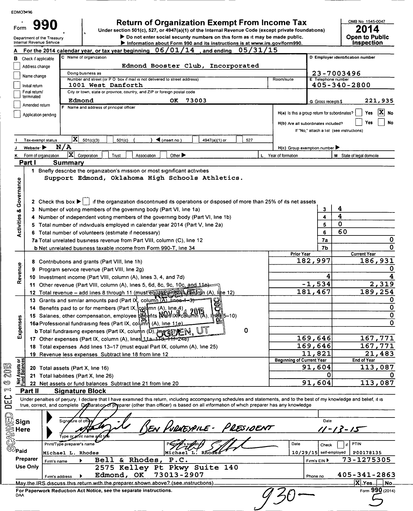 Image of first page of 2014 Form 990 for Edmond Booster Club Incorporated