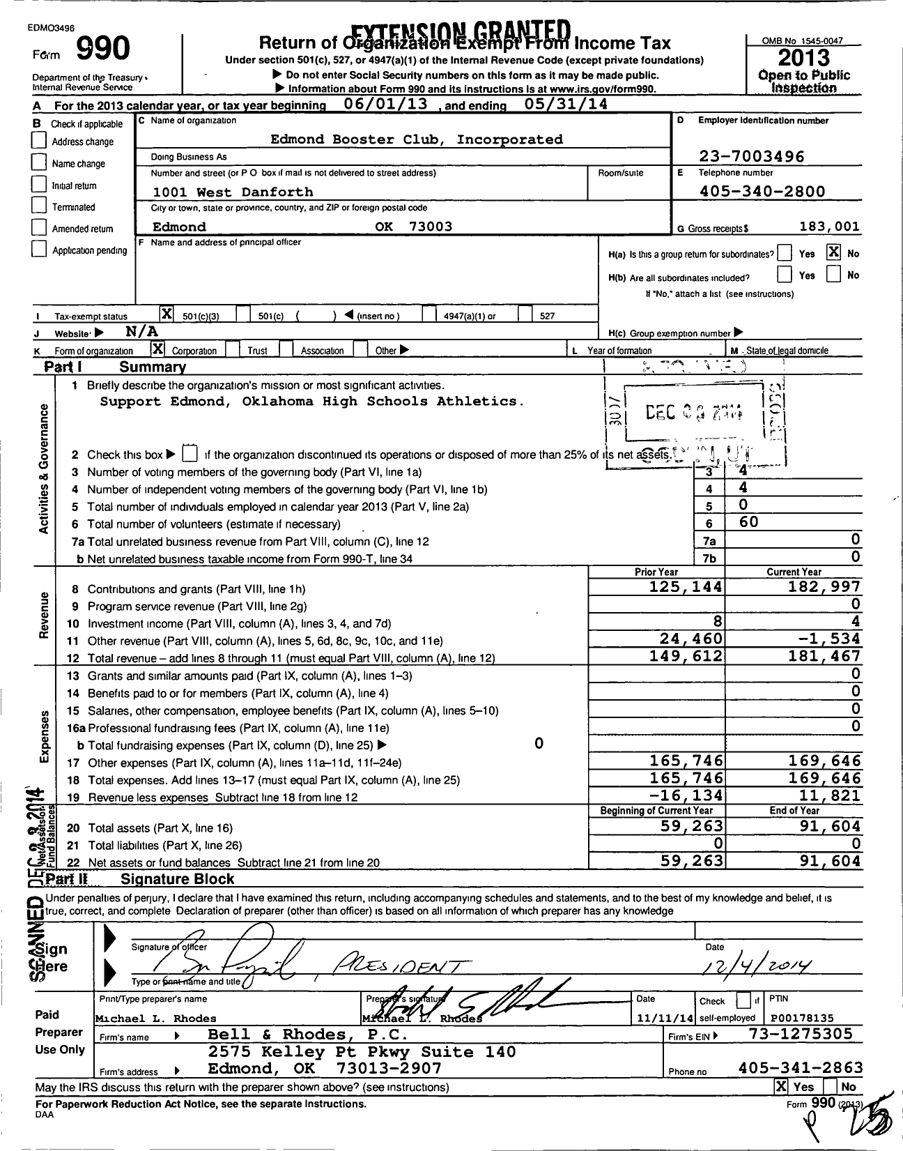 Image of first page of 2013 Form 990 for Edmond Booster Club Incorporated