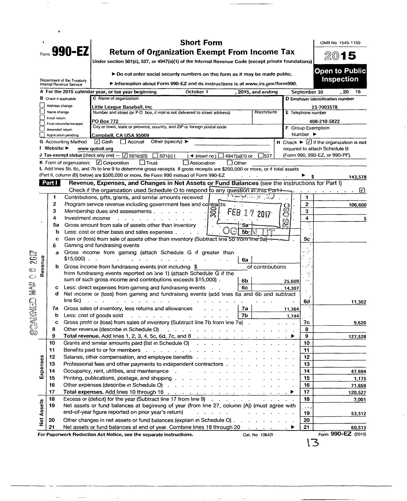 Image of first page of 2015 Form 990EZ for Little League Baseball - 4051211 Quito-Saratoga LL