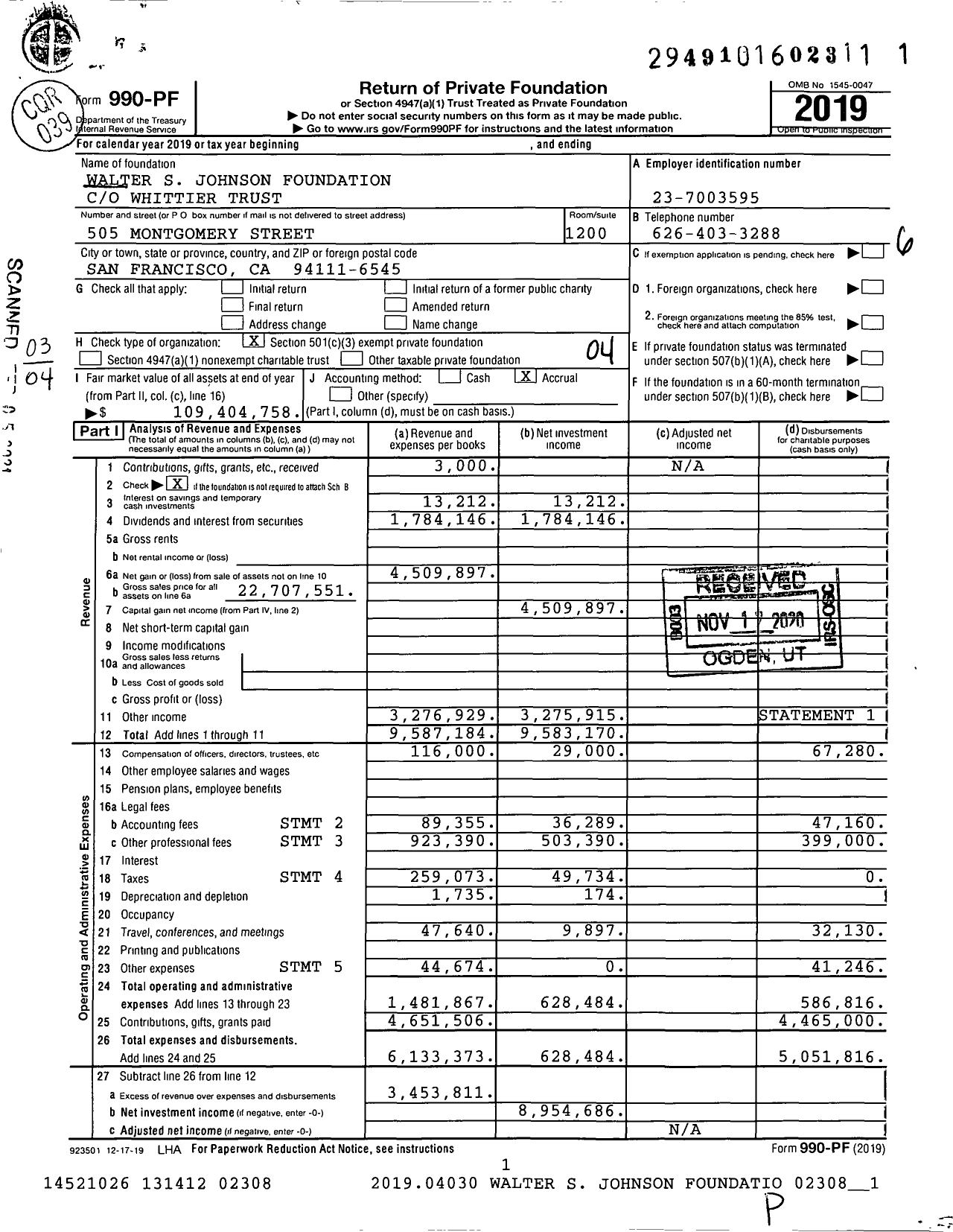 Image of first page of 2019 Form 990PF for Walter S Johnson Foundation (WSJF)