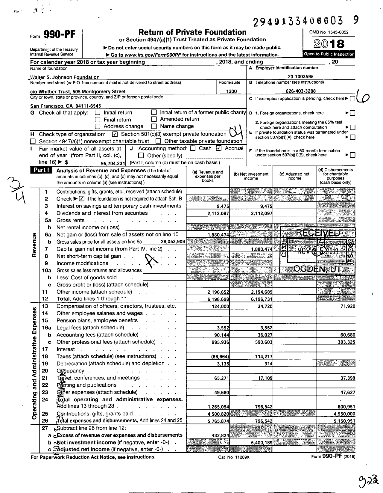 Image of first page of 2018 Form 990PF for Walter S Johnson Foundation (WSJF)