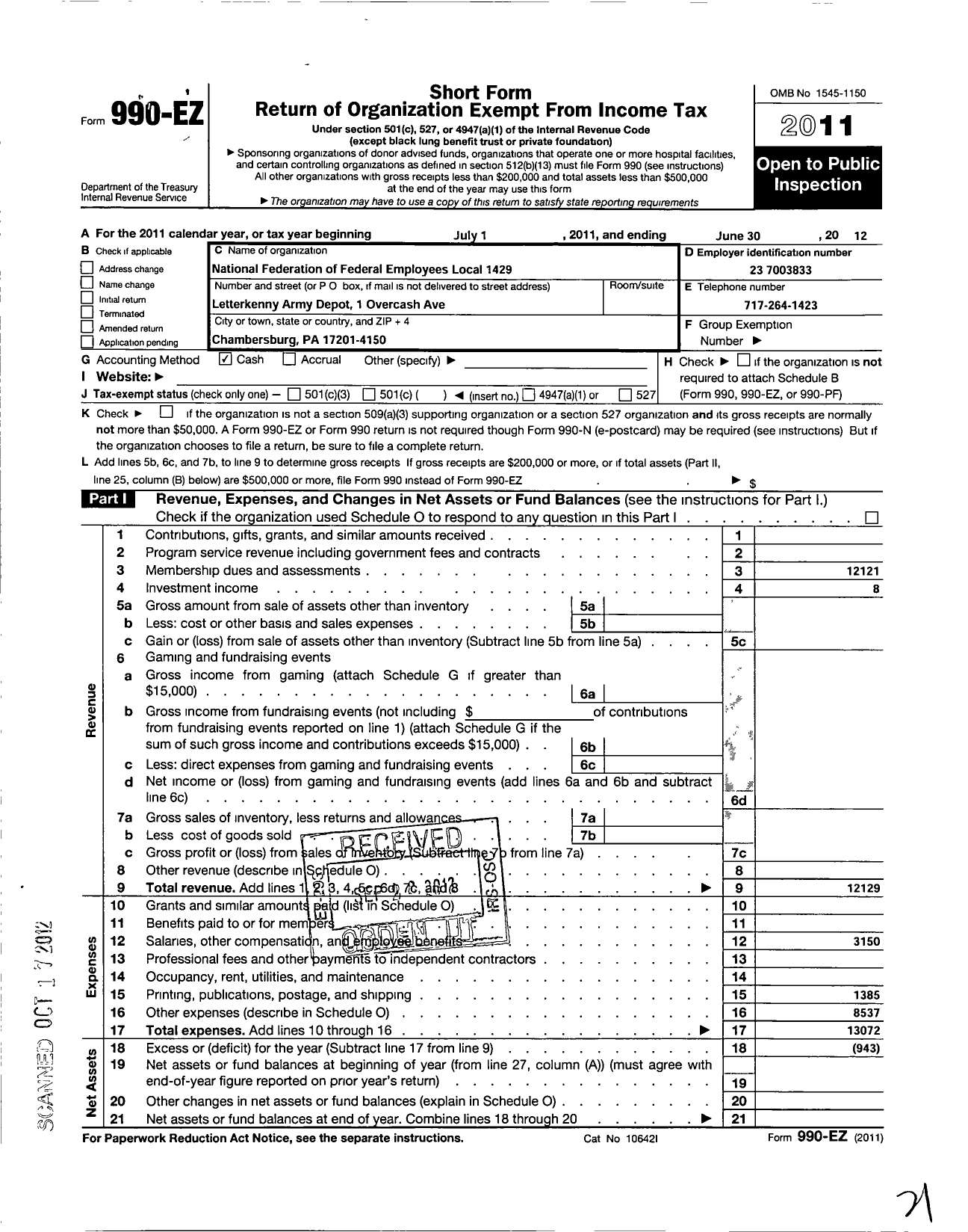 Image of first page of 2011 Form 990EO for International Association of Machinists and Aerospace Workers - 1429 FL