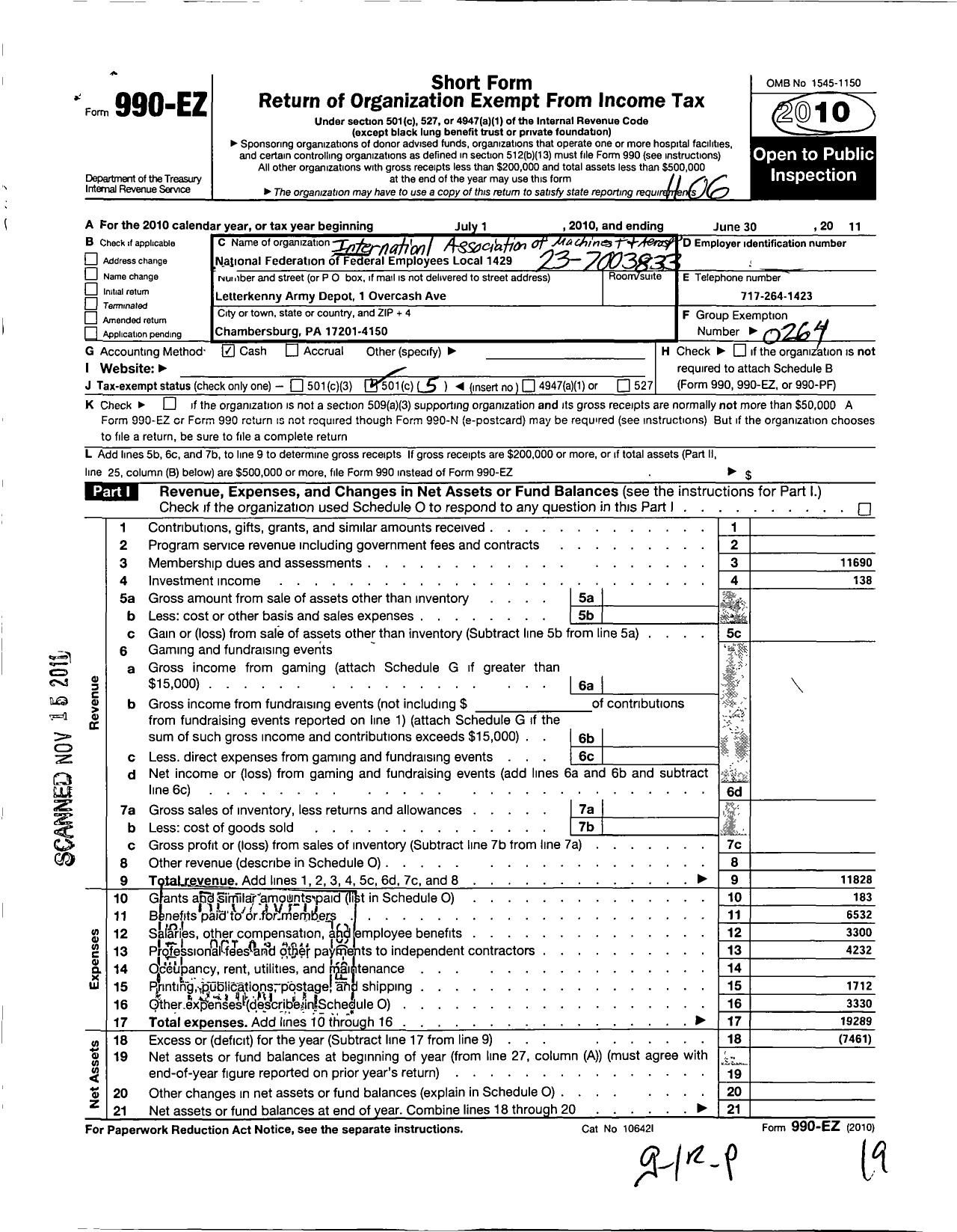 Image of first page of 2010 Form 990EO for International Association of Machinists and Aerospace Workers - 1429 FL