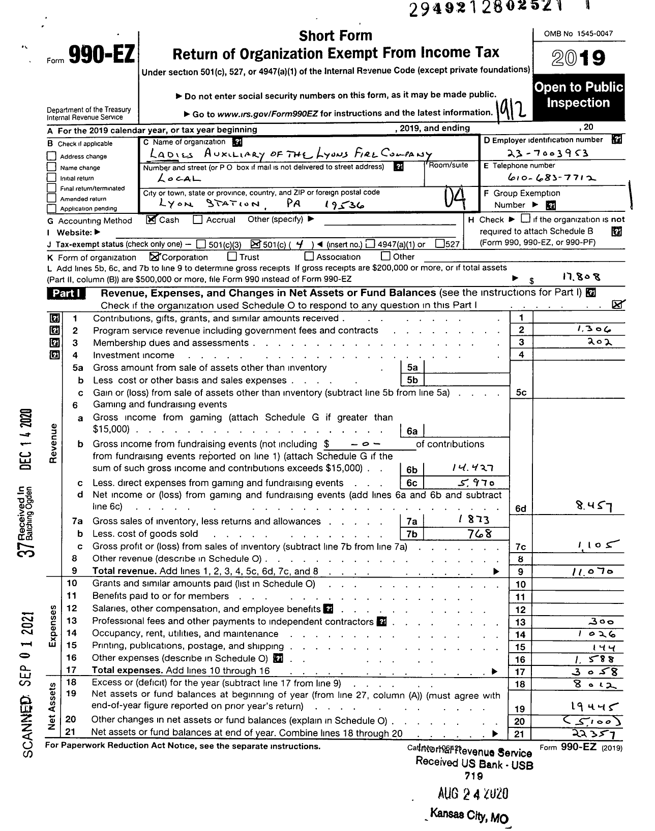 Image of first page of 2019 Form 990EO for Ladies Auxilary of the Lyons Fire Company