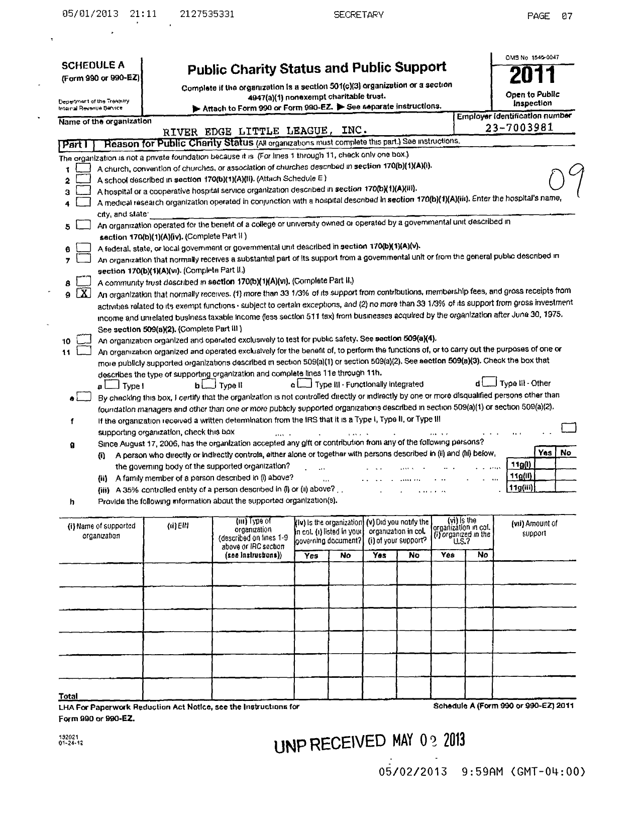 Image of first page of 2011 Form 990EOR for Little League Baseball - 2300409 River Edge LL