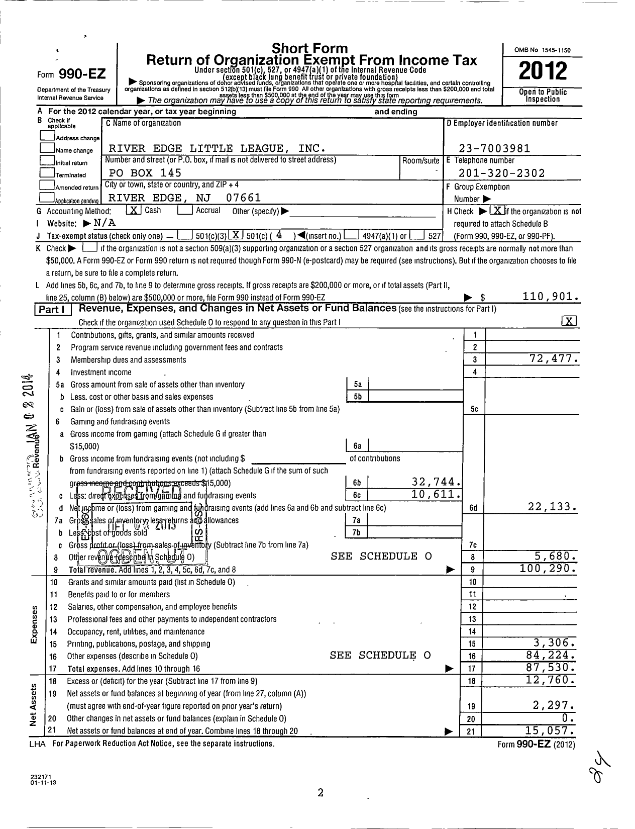 Image of first page of 2012 Form 990EO for Little League Baseball - 2300409 River Edge LL