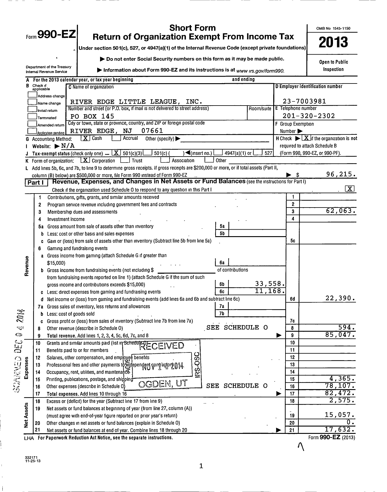 Image of first page of 2013 Form 990EZ for Little League Baseball - 2300409 River Edge LL