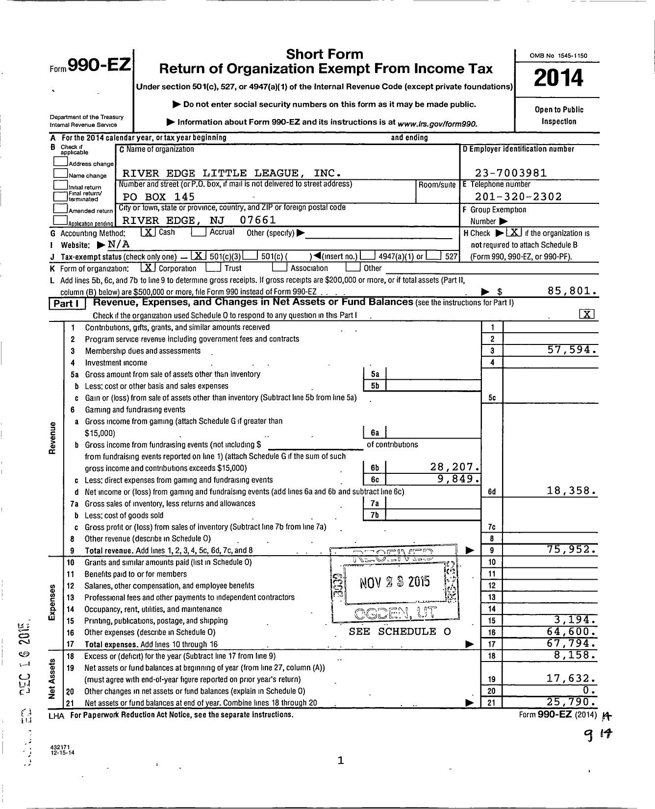 Image of first page of 2014 Form 990EZ for Little League Baseball - 2300409 River Edge LL