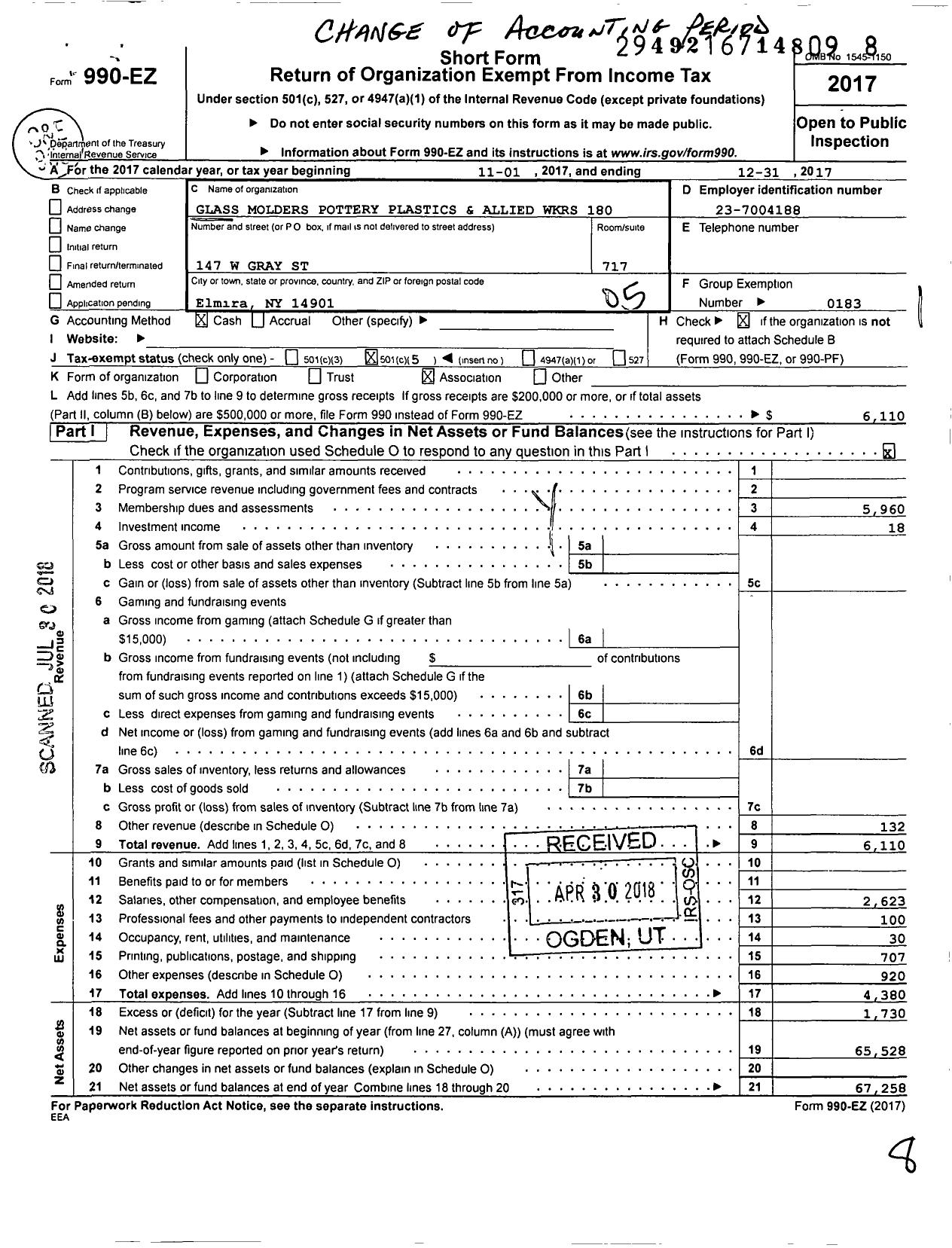 Image of first page of 2017 Form 990EO for United Steelworkers - 00180m Local