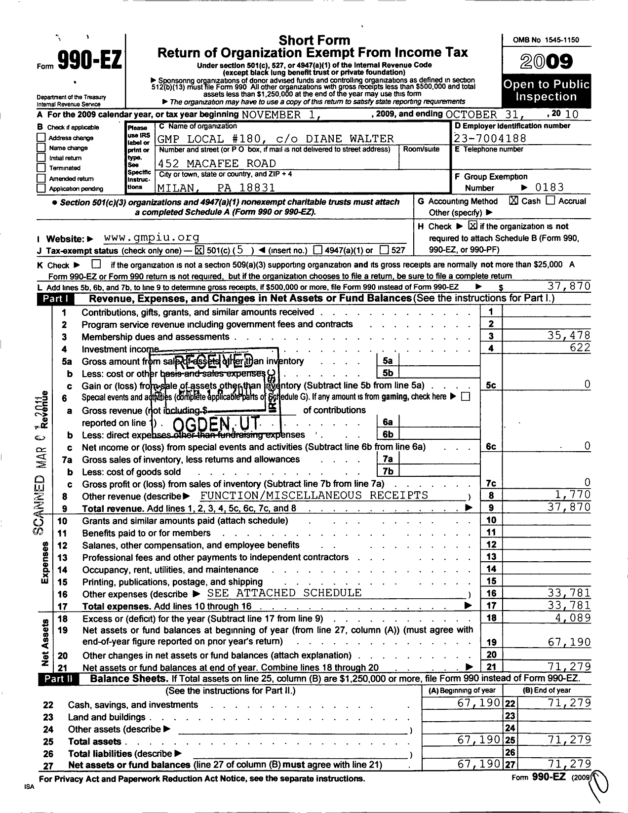 Image of first page of 2009 Form 990EO for United Steelworkers - 00180m Local