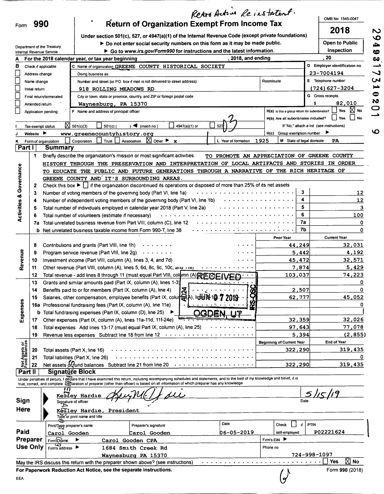 Image of first page of 2018 Form 990 for Greene County Historical Society Greene County Historical Society