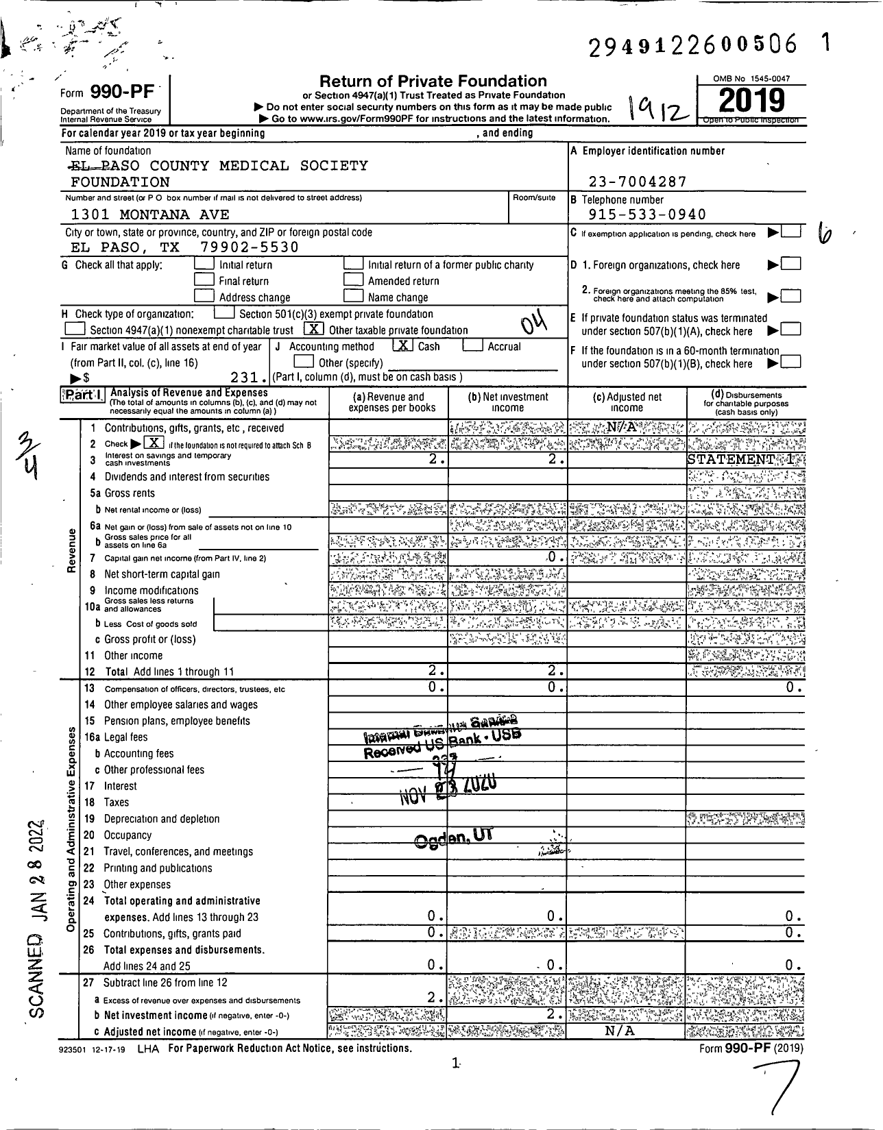 Image of first page of 2019 Form 990PF for El Paso County Medical Society Foundation