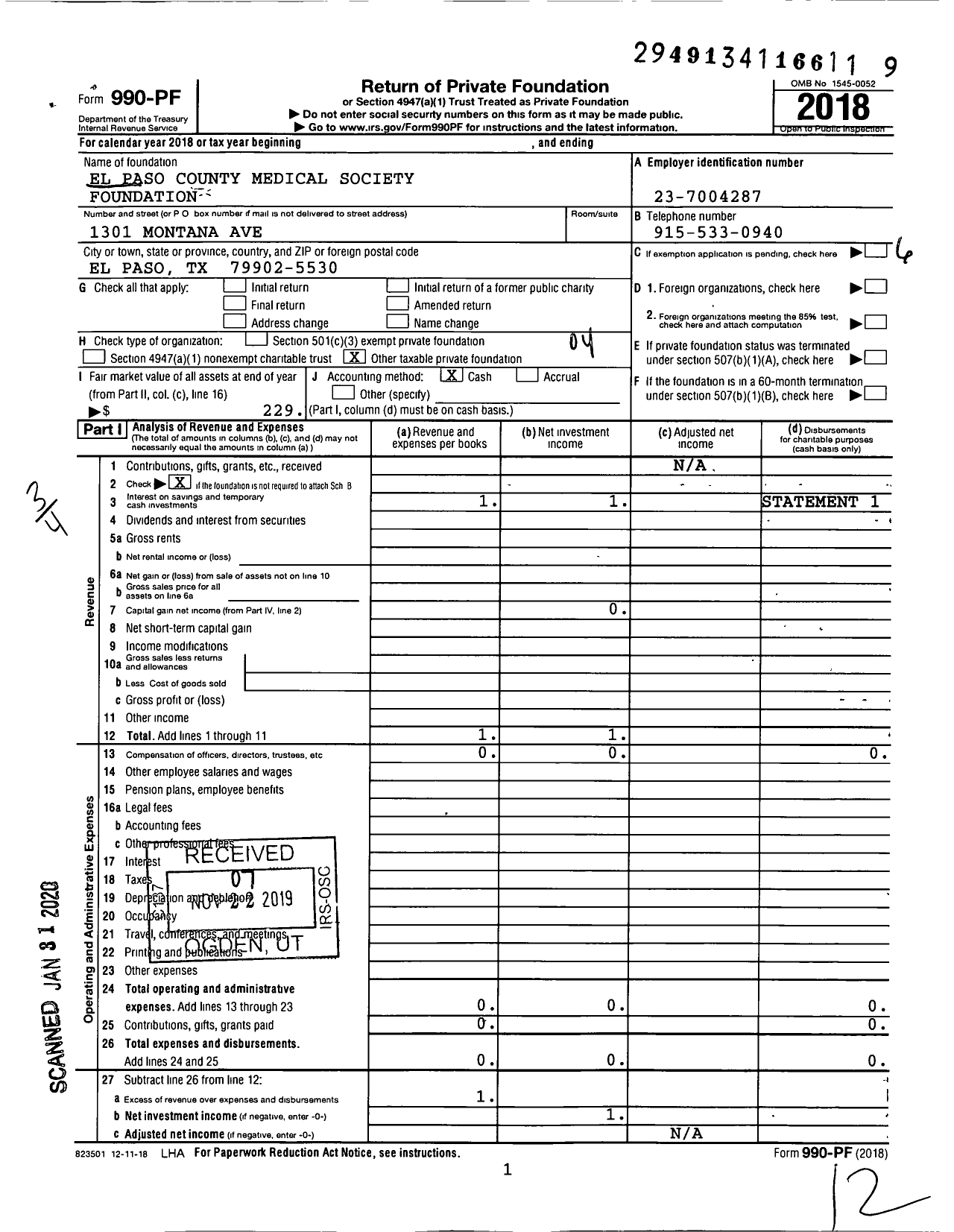 Image of first page of 2018 Form 990EZ for El Paso County Medical Society Foundation