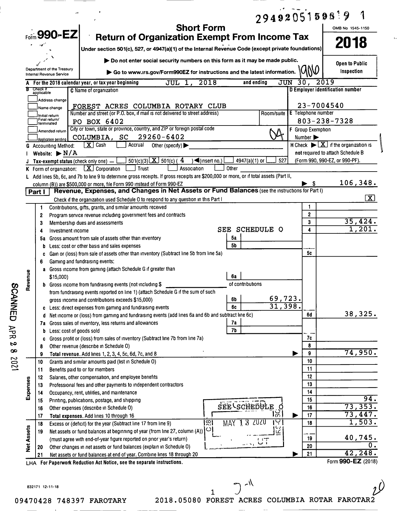 Image of first page of 2018 Form 990EO for Rotary International - Forest Acres Columbia Rotary Club