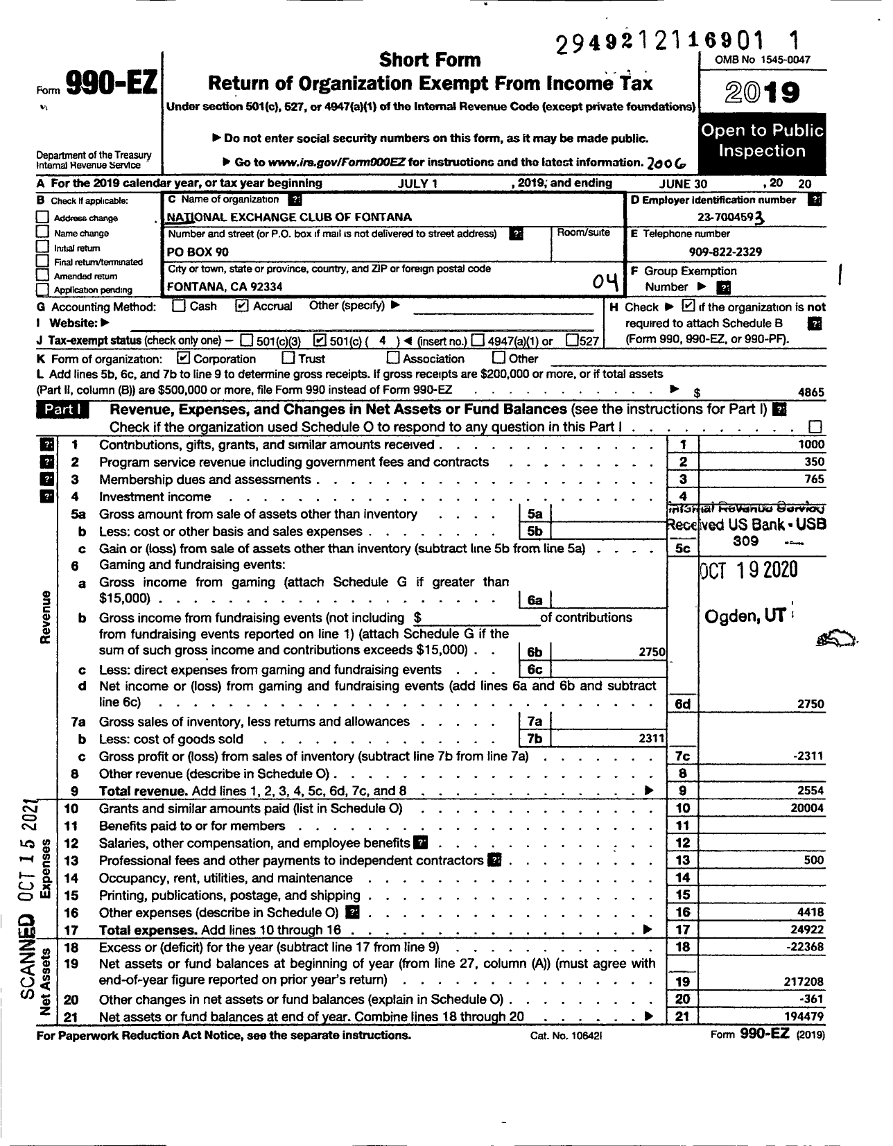 Image of first page of 2019 Form 990EO for National Exchange Club - 1110 Fontana Ca