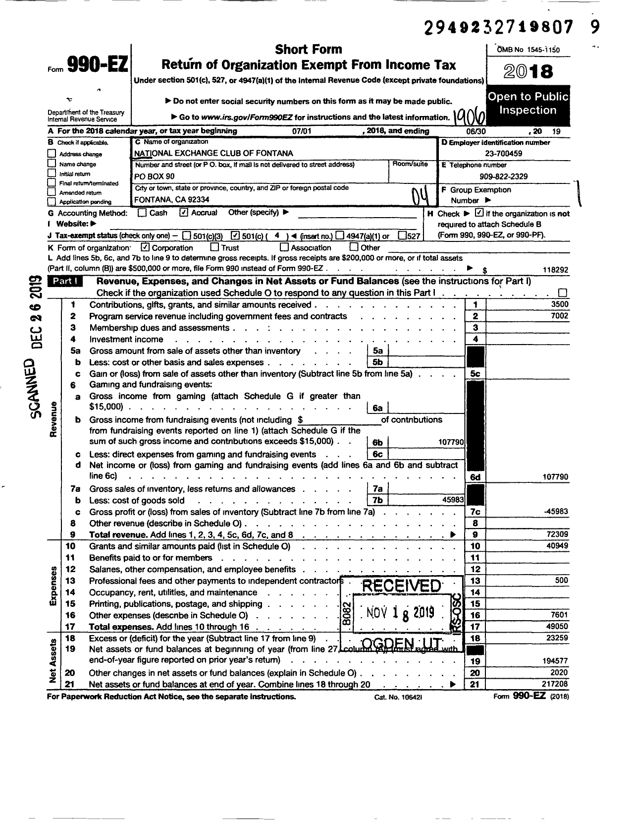 Image of first page of 2018 Form 990EO for National Exchange Club - 1110 Fontana Ca