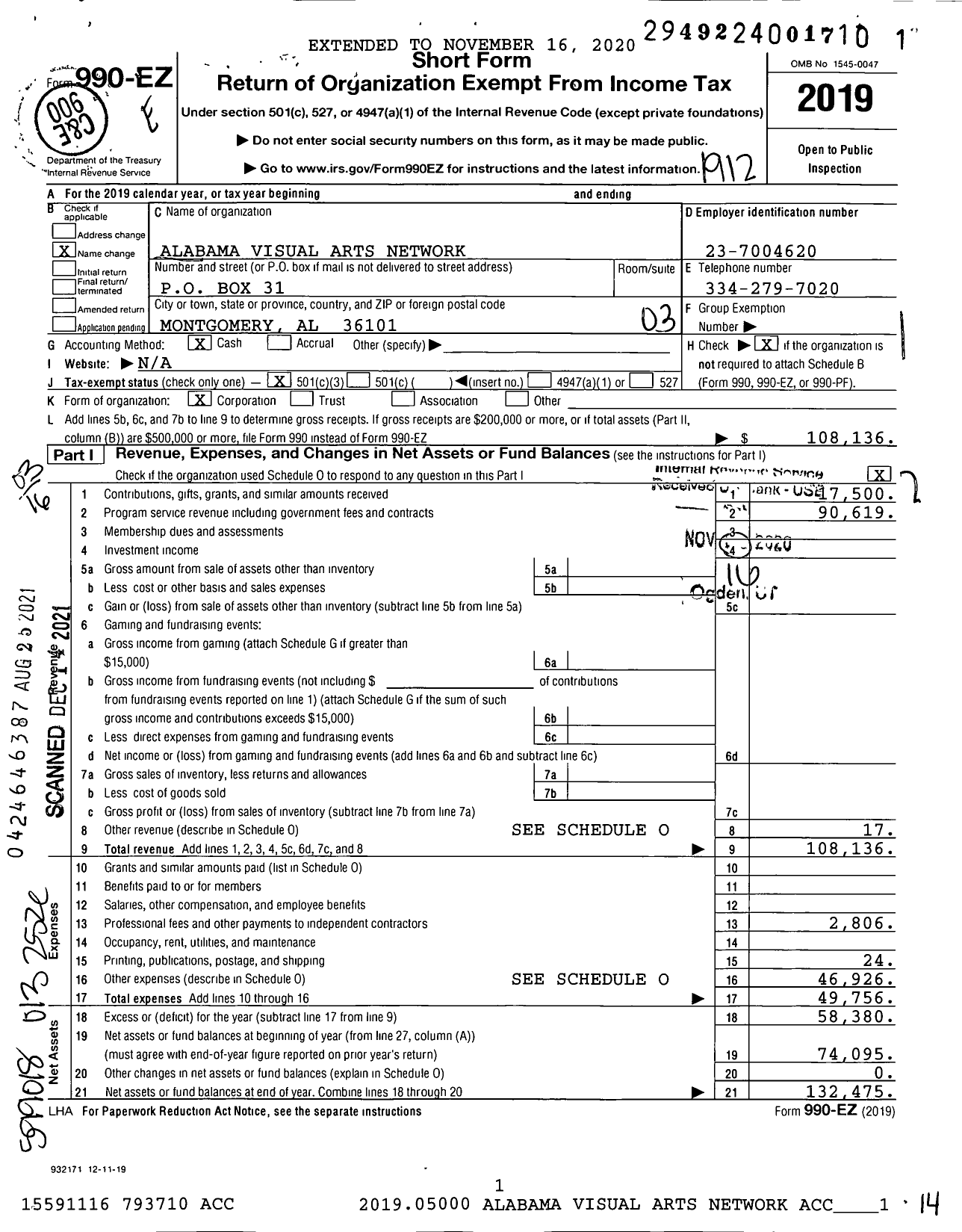 Image of first page of 2019 Form 990EZ for Alabama Visual Arts Network