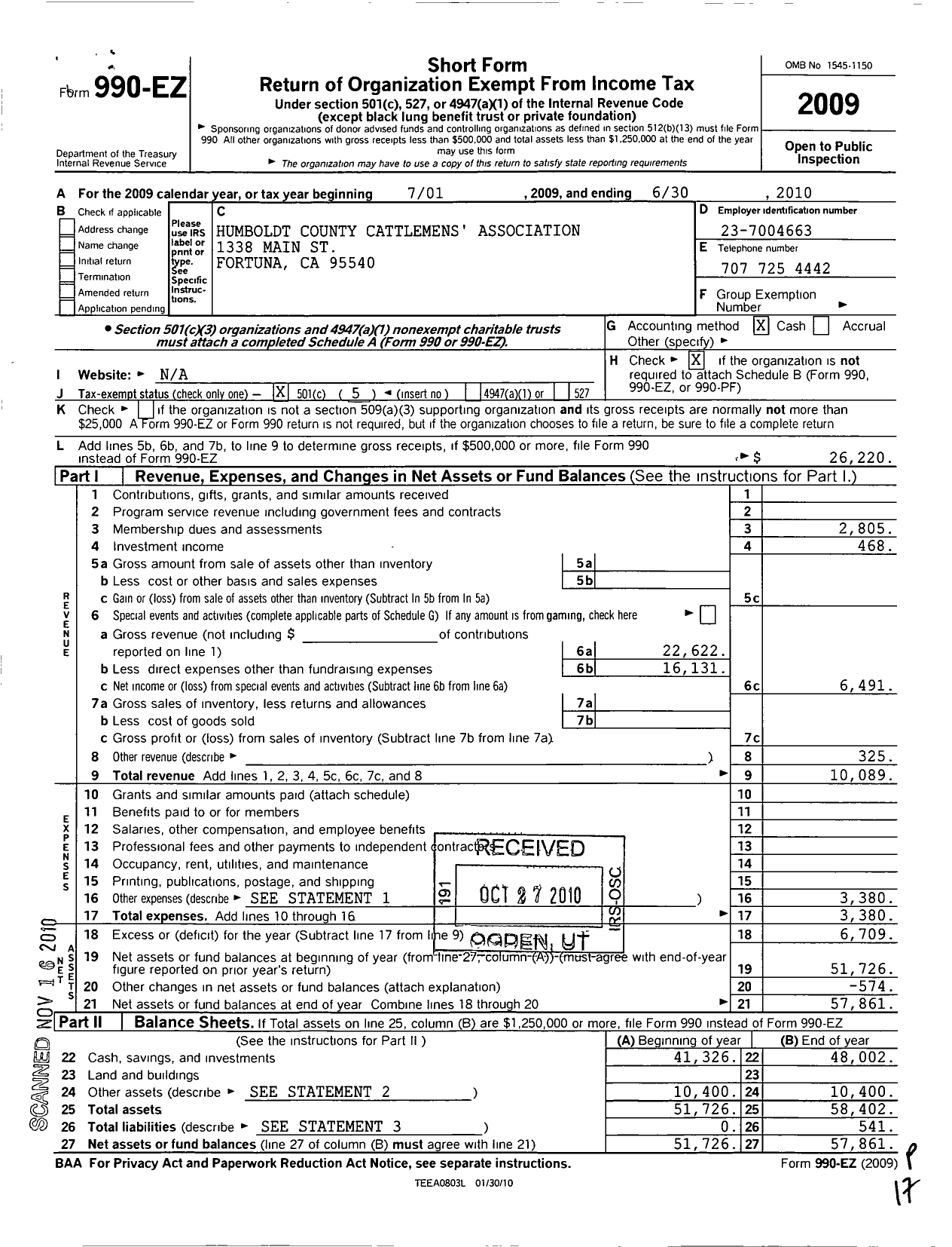 Image of first page of 2009 Form 990EO for Humboldt County Cattlemens Association