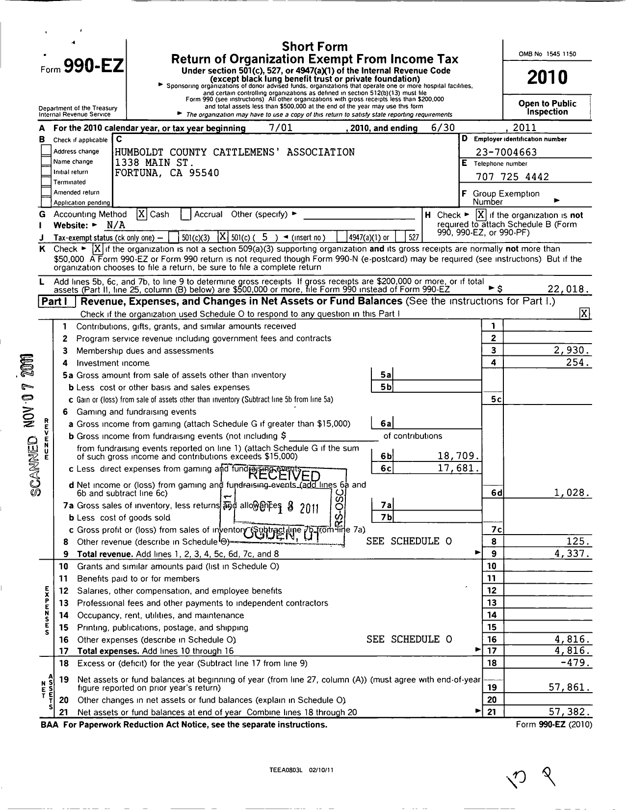 Image of first page of 2010 Form 990EO for Humboldt County Cattlemens Association