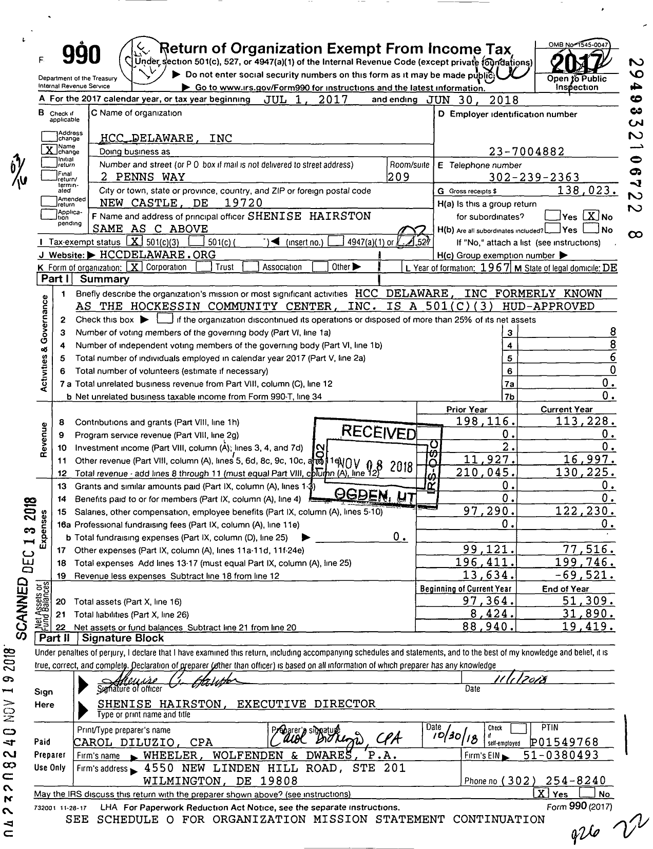Image of first page of 2017 Form 990 for Hockessin Community Center