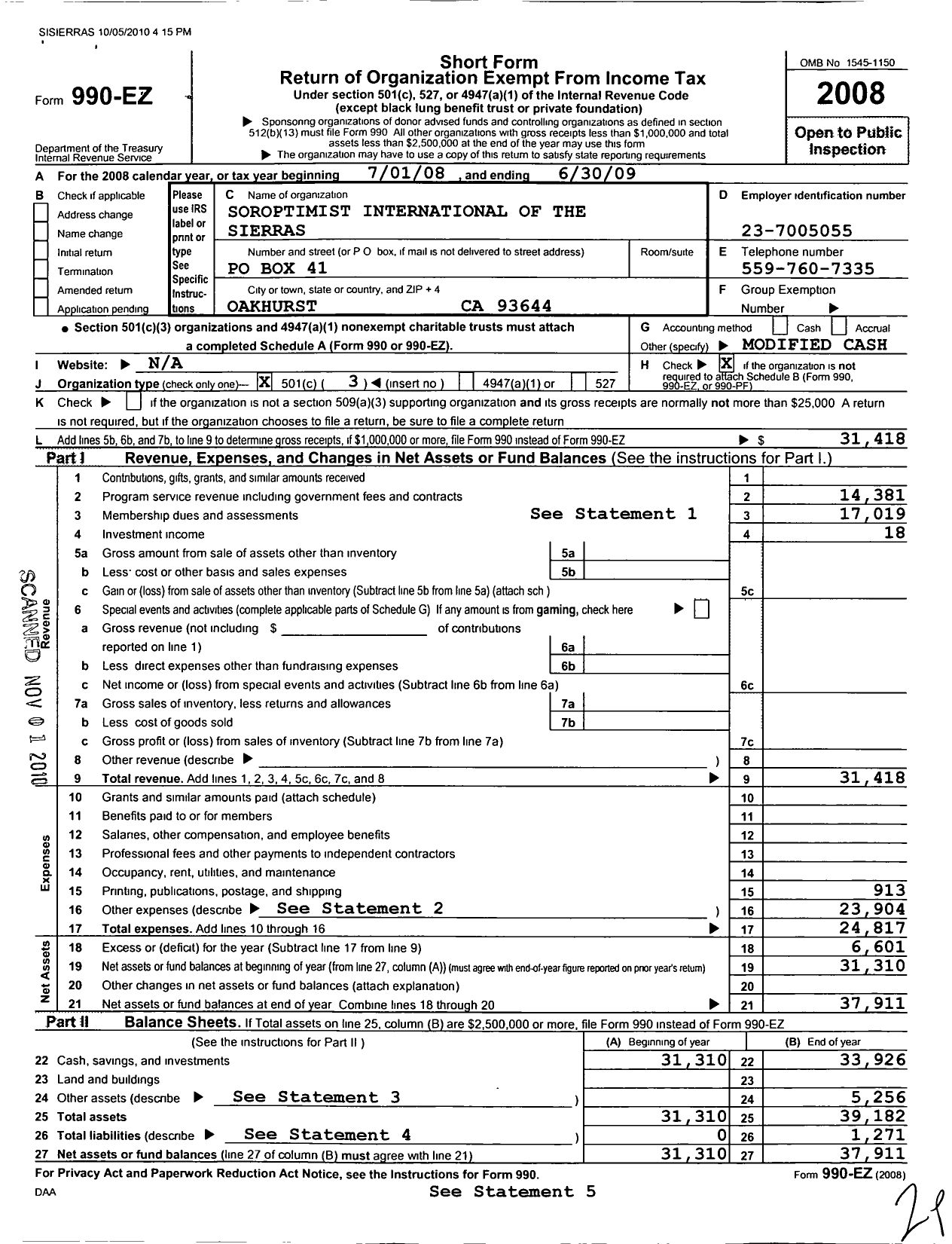 Image of first page of 2008 Form 990EZ for Soroptimist International of the Americas - 117223 the Sierras Ca