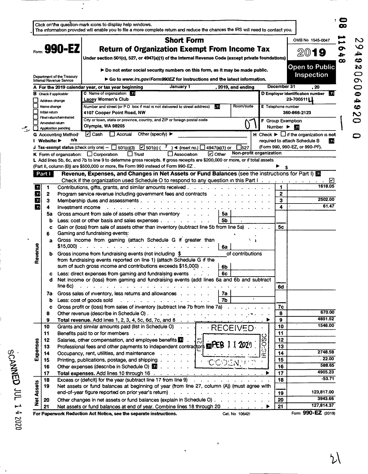 Image of first page of 2019 Form 990EO for Lacey Womens Club