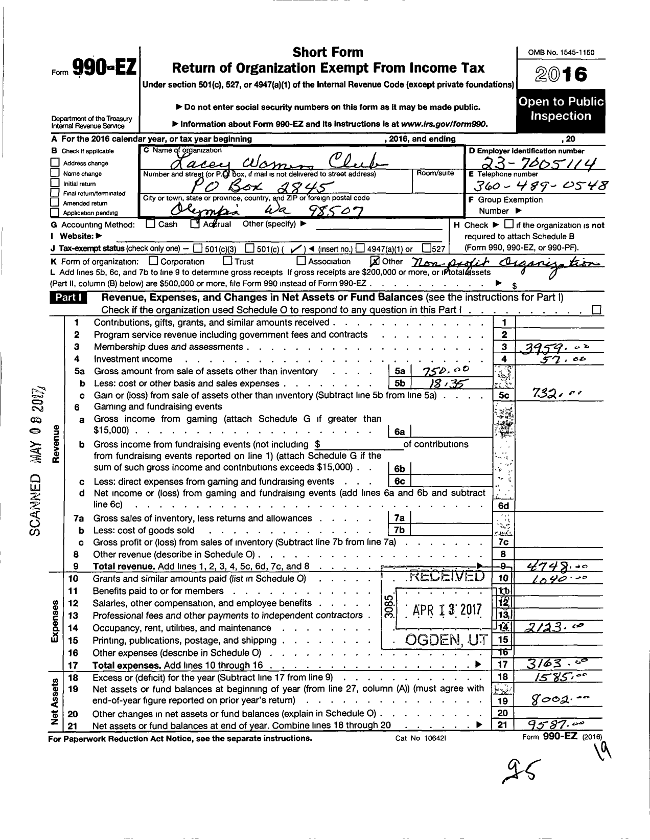 Image of first page of 2016 Form 990EO for Lacey Womens Club