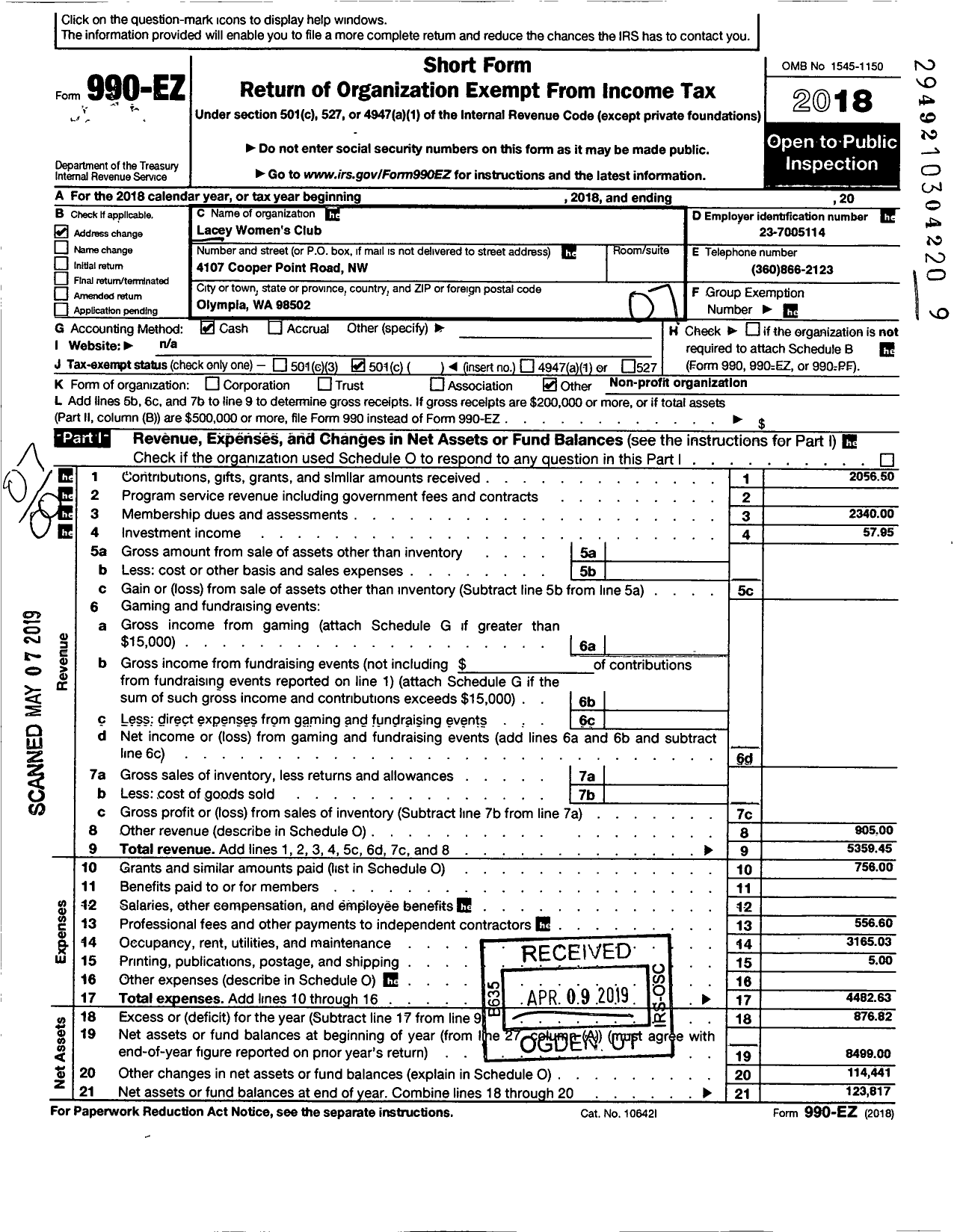 Image of first page of 2018 Form 990EO for Lacey Womens Club