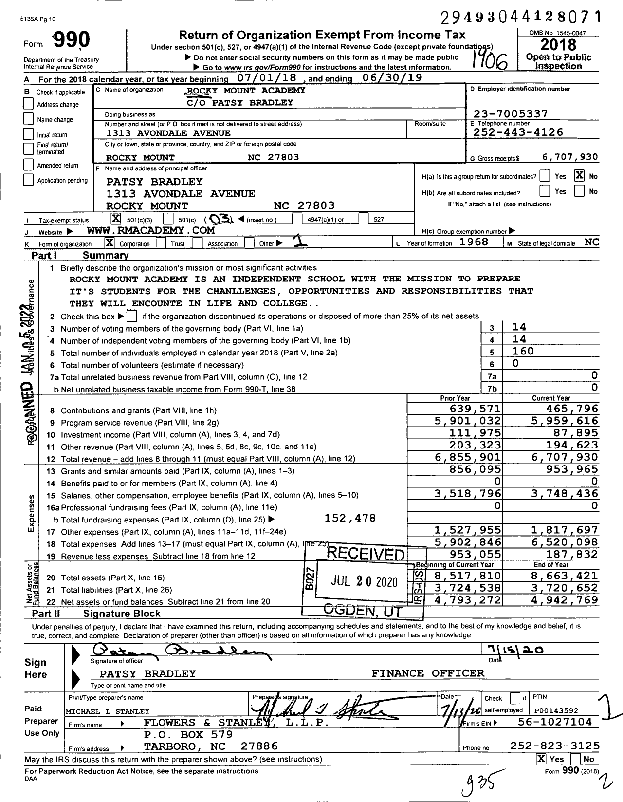 Image of first page of 2018 Form 990 for Rocky Mount Academy